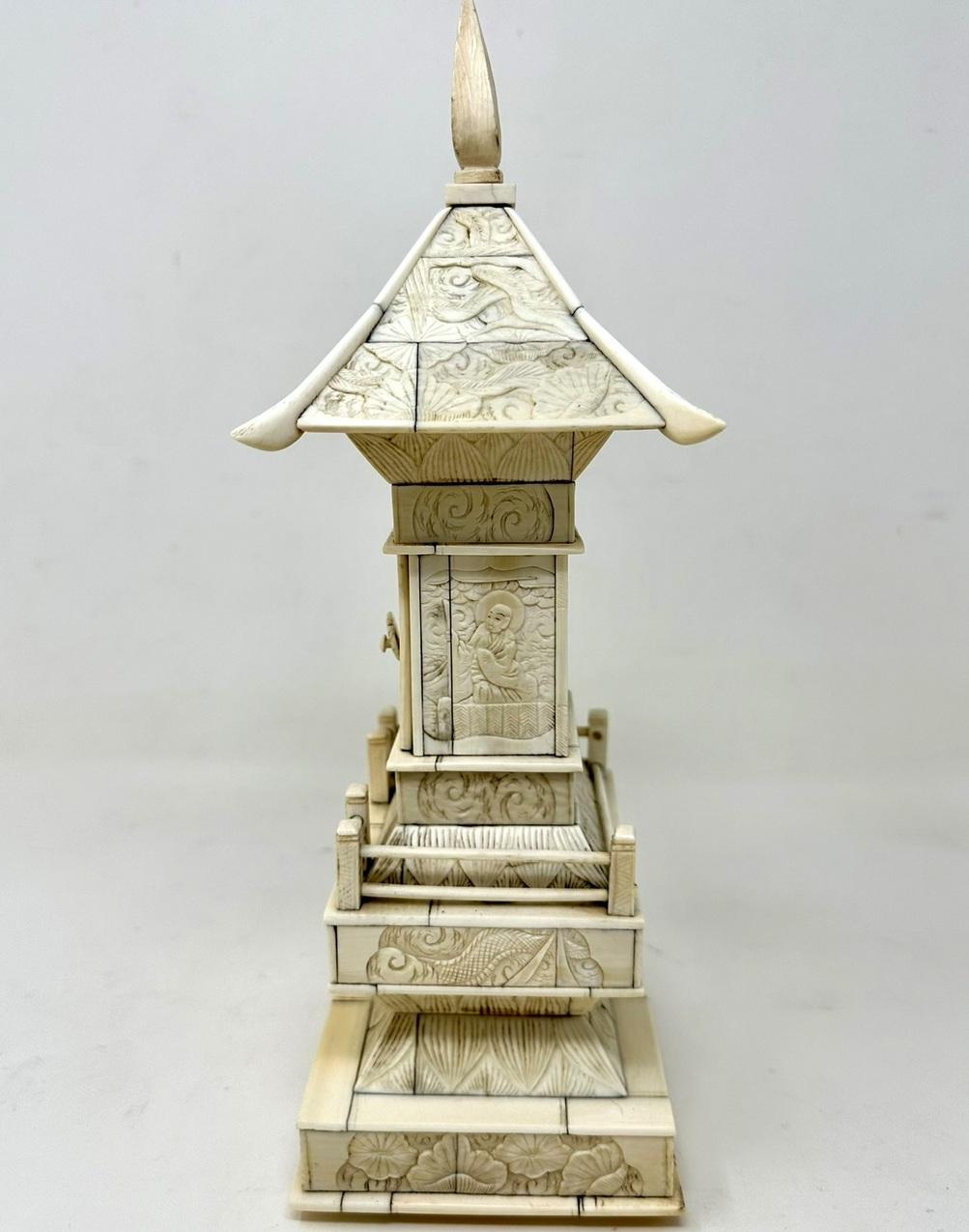 Antique Victorian Religious Chinese Export Ivory Bone Carved Pagoda Sculpture  For Sale 1