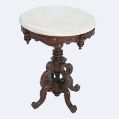 Antique Victorian Renaissance Revival Carved Walnut Marble Top Lamp Table C1880