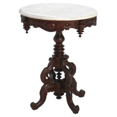 Antique Victorian Renaissance Revival Carved Walnut Marble Top Lamp Table C1880