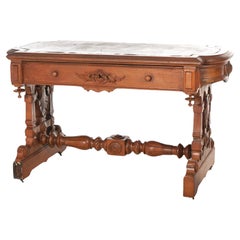 Antique Victorian Renaissance Revival Carved Walnut Trestle Form Desk C1890