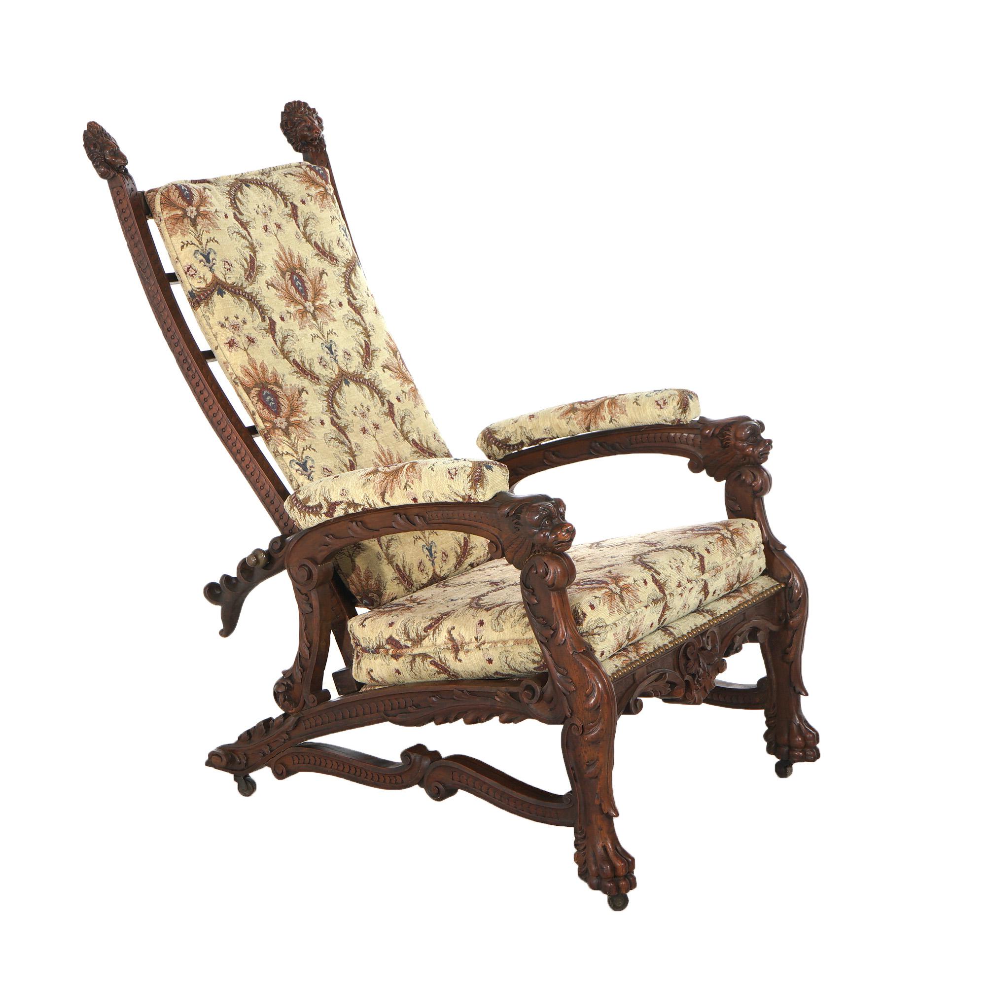 Antique Victorian Renaissance Revival Figural Carved Walnut Morris Chair C1890 For Sale 8