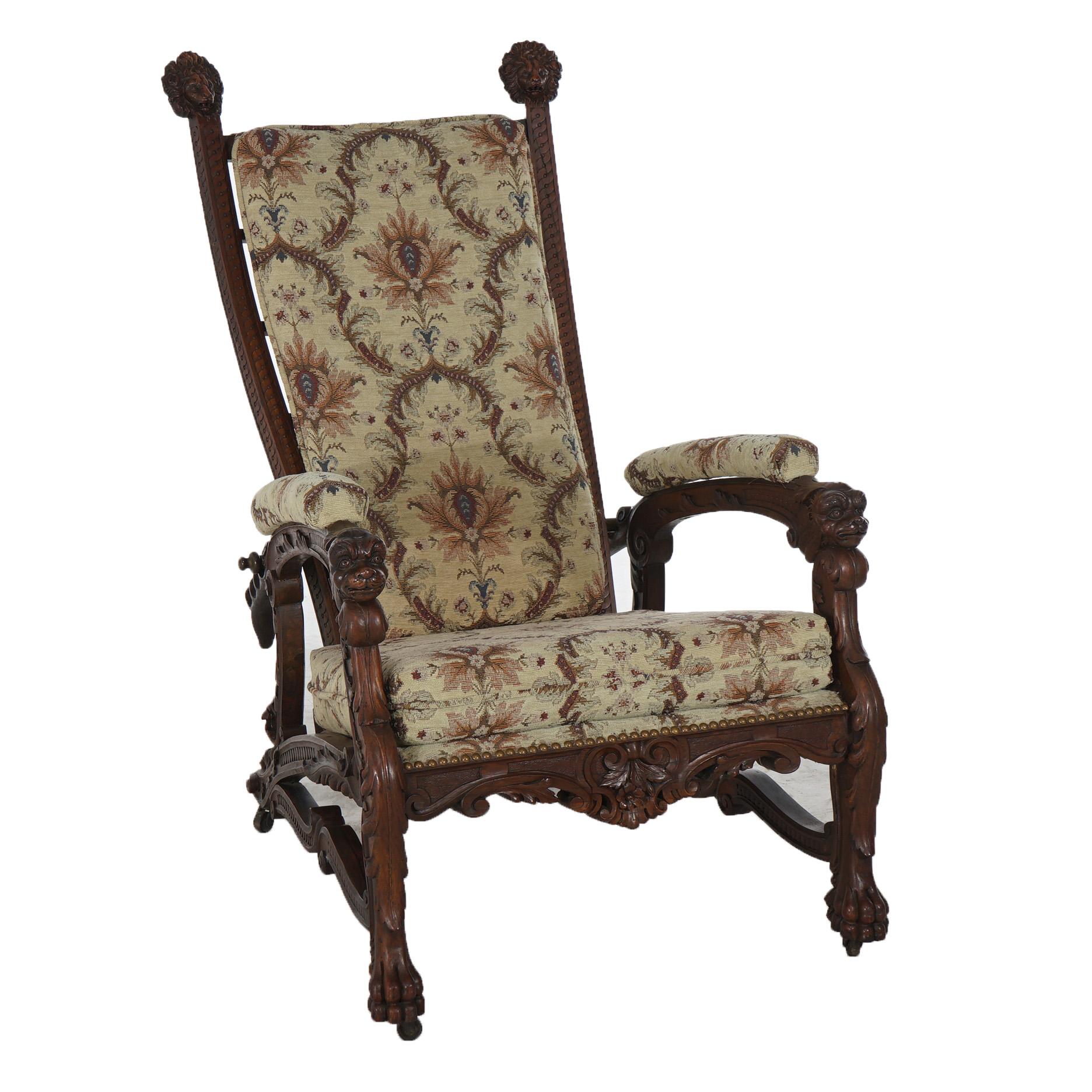 Antique Victorian Renaissance Revival Figural Carved Walnut Morris Chair C1890 For Sale 9