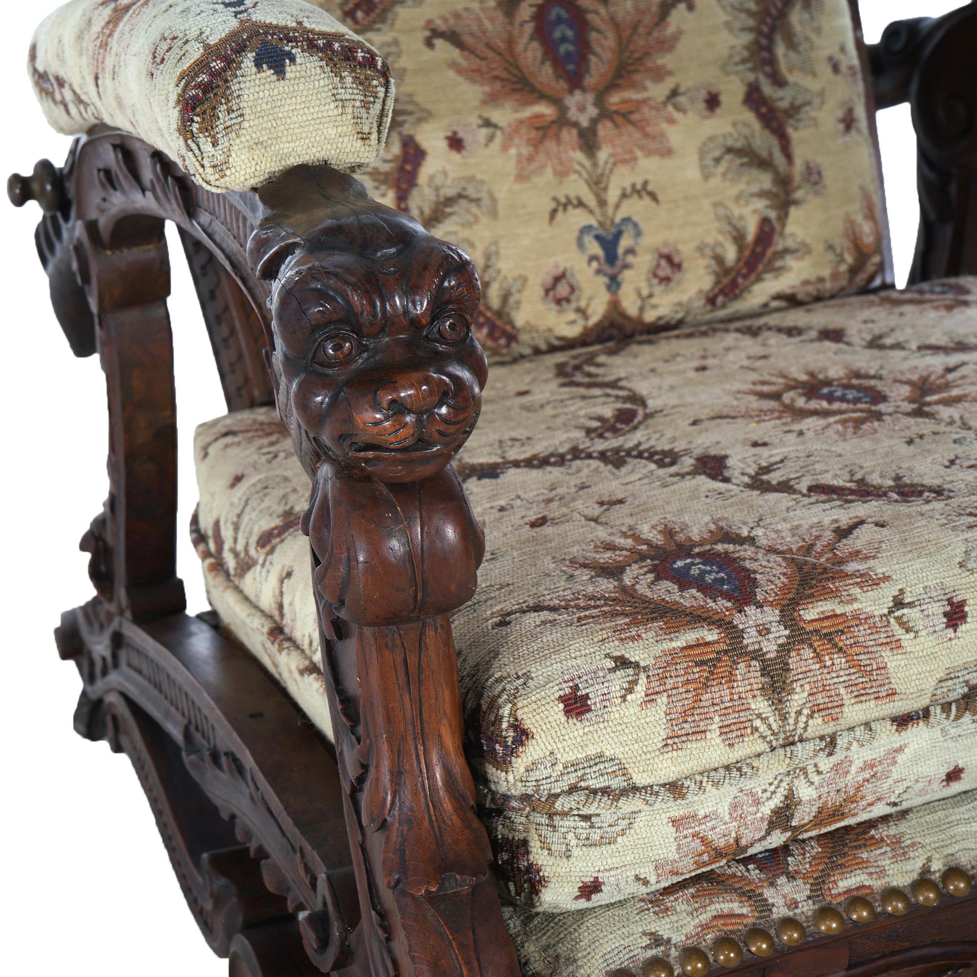 Antique Victorian Renaissance Revival Figural Carved Walnut Morris Chair C1890 For Sale 10