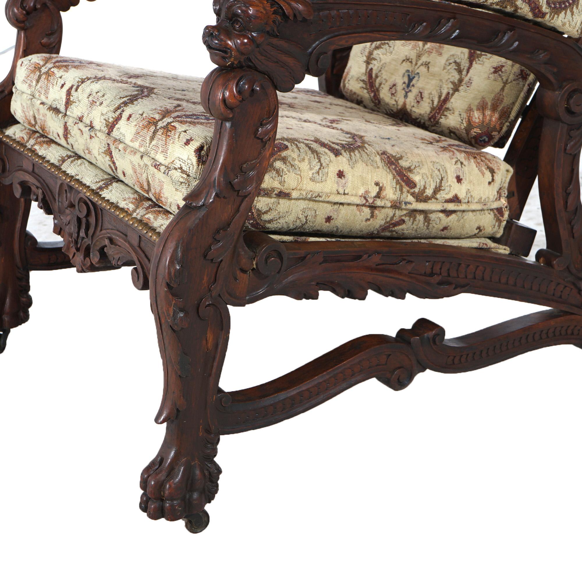 Antique Victorian Renaissance Revival Figural Carved Walnut Morris Chair C1890 In Good Condition For Sale In Big Flats, NY
