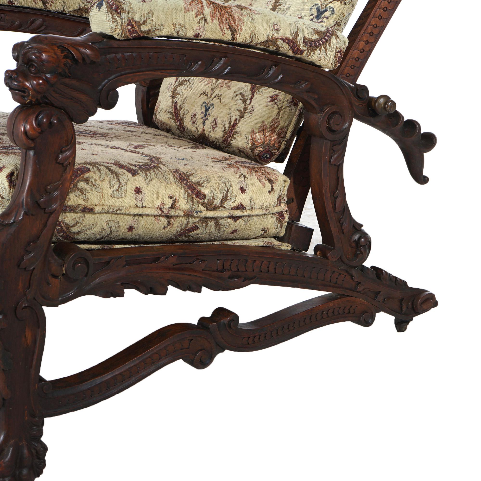 19th Century Antique Victorian Renaissance Revival Figural Carved Walnut Morris Chair C1890 For Sale