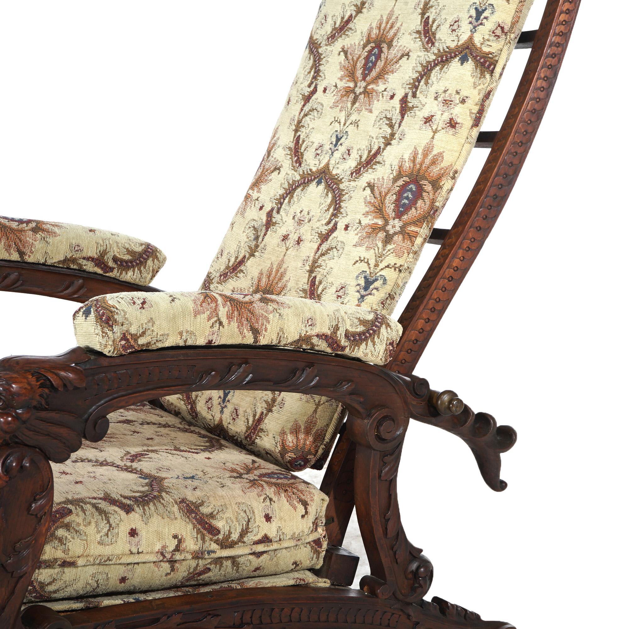 Antique Victorian Renaissance Revival Figural Carved Walnut Morris Chair C1890 For Sale 1