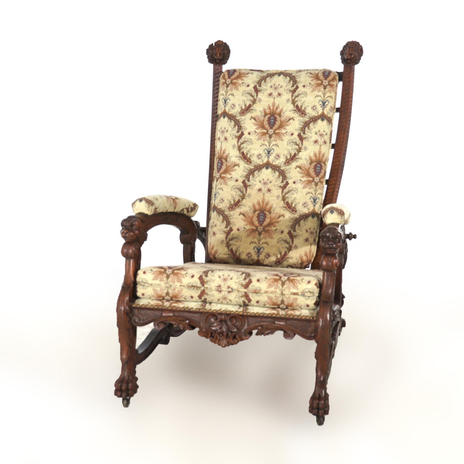 Antique Victorian Renaissance Revival Figural Carved Walnut Morris Chair C1890 For Sale 3