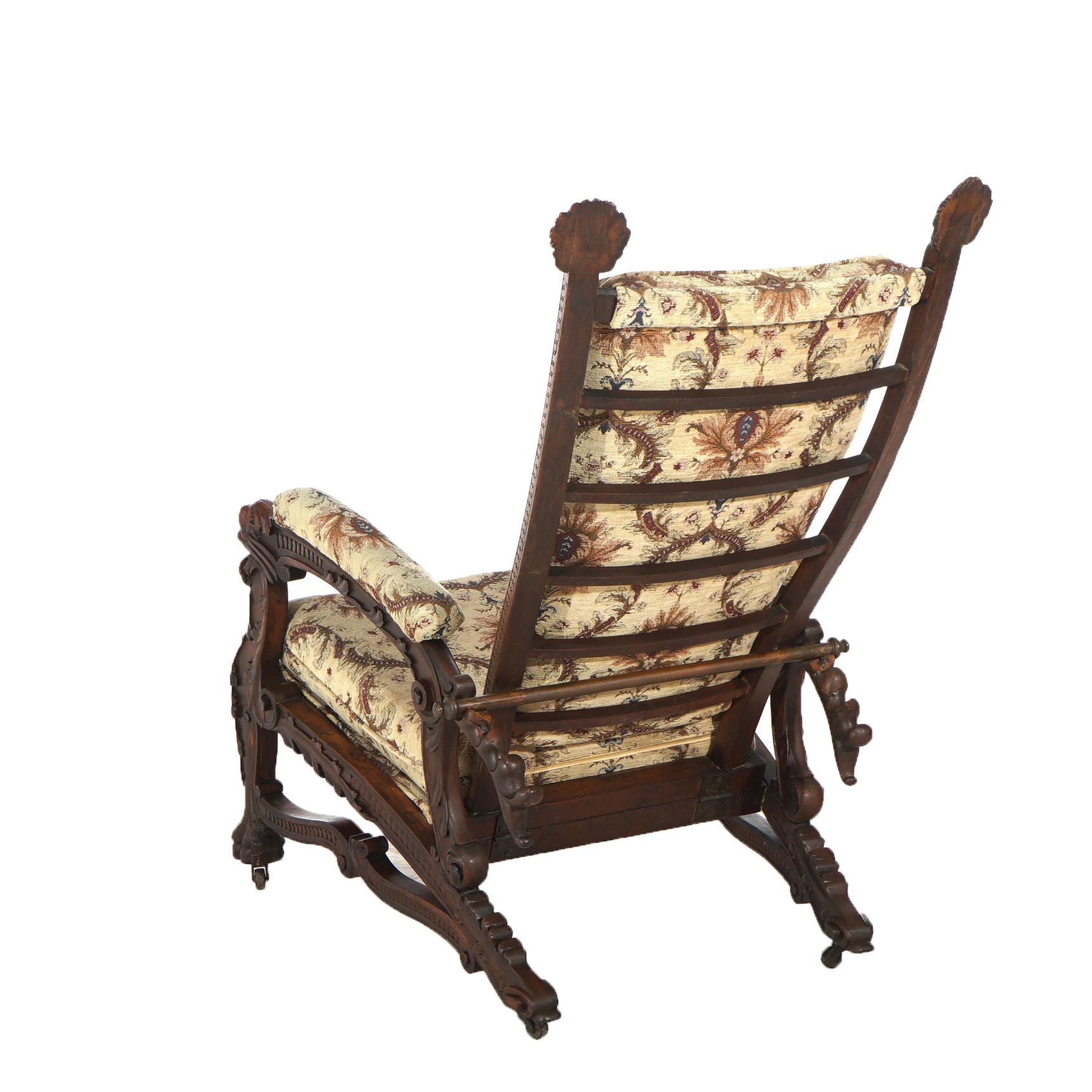 Antique Victorian Renaissance Revival Figural Carved Walnut Morris Chair C1890 For Sale 4