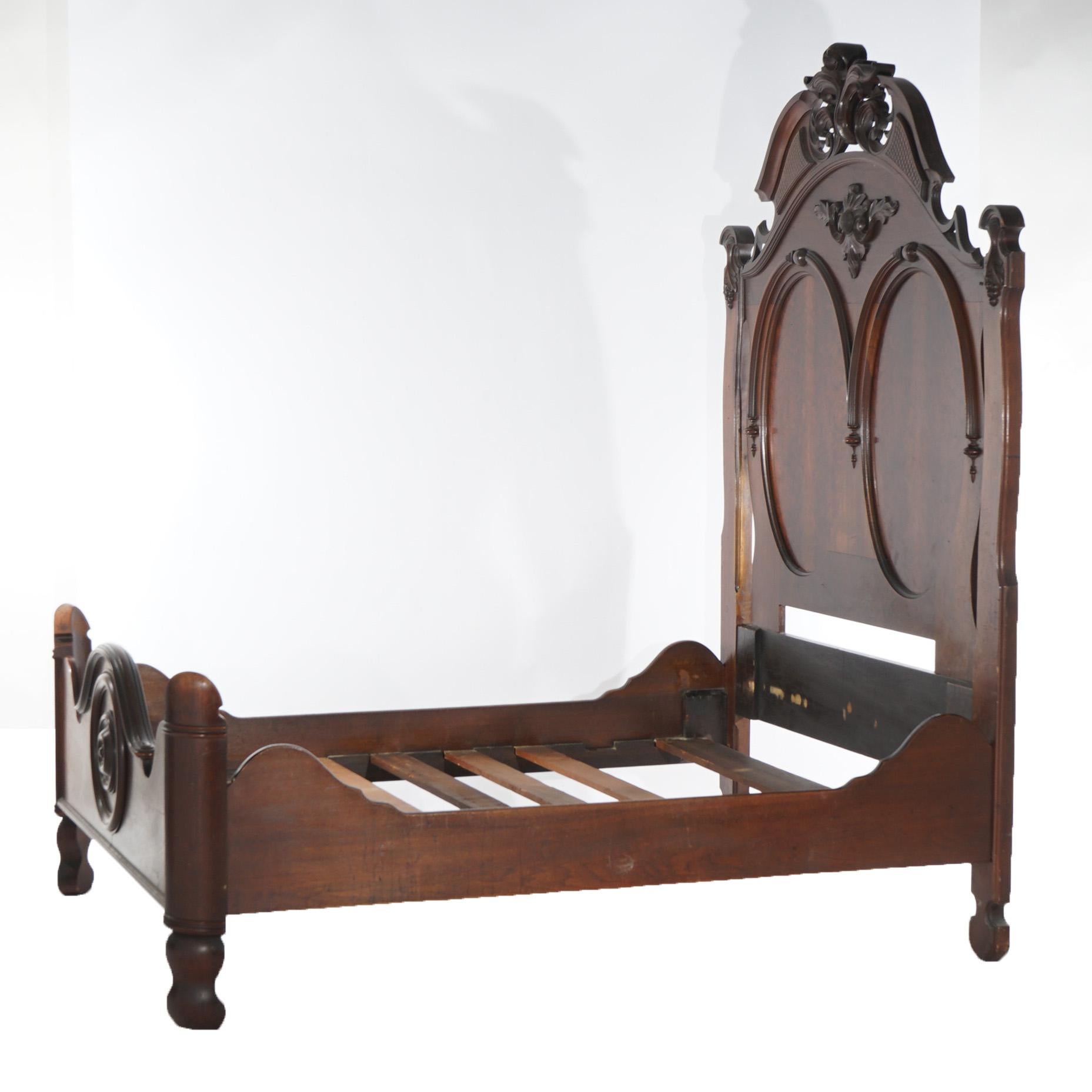Antique Victorian Renaissance Revival Foliate Carved Walnut High Bed C1880 5