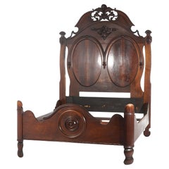 Antique Victorian Renaissance Revival Foliate Carved Walnut High Bed C1880