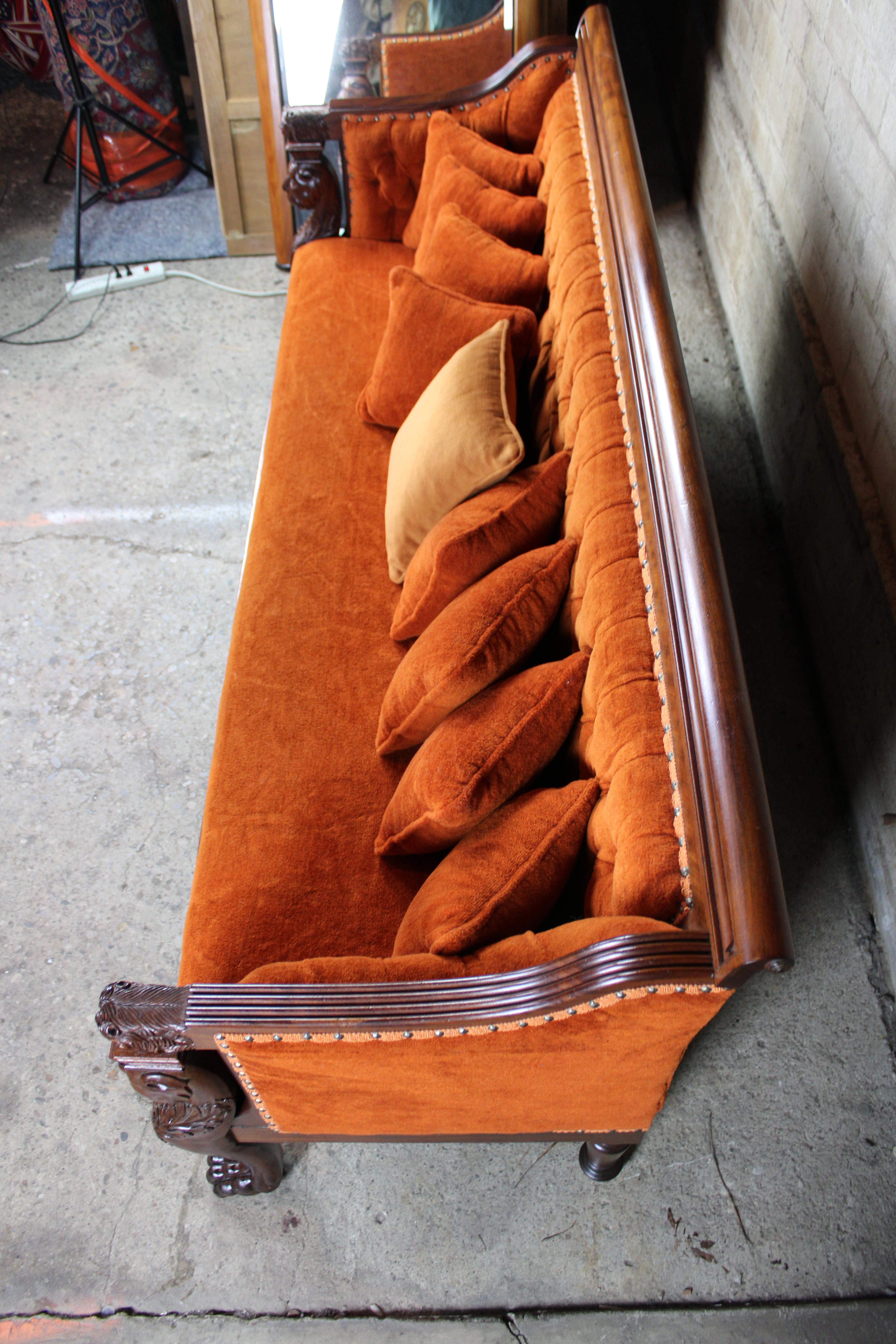 Antique Victorian Renaissance Revival Mahogany Figural Lion Tufted Library Sofa 4