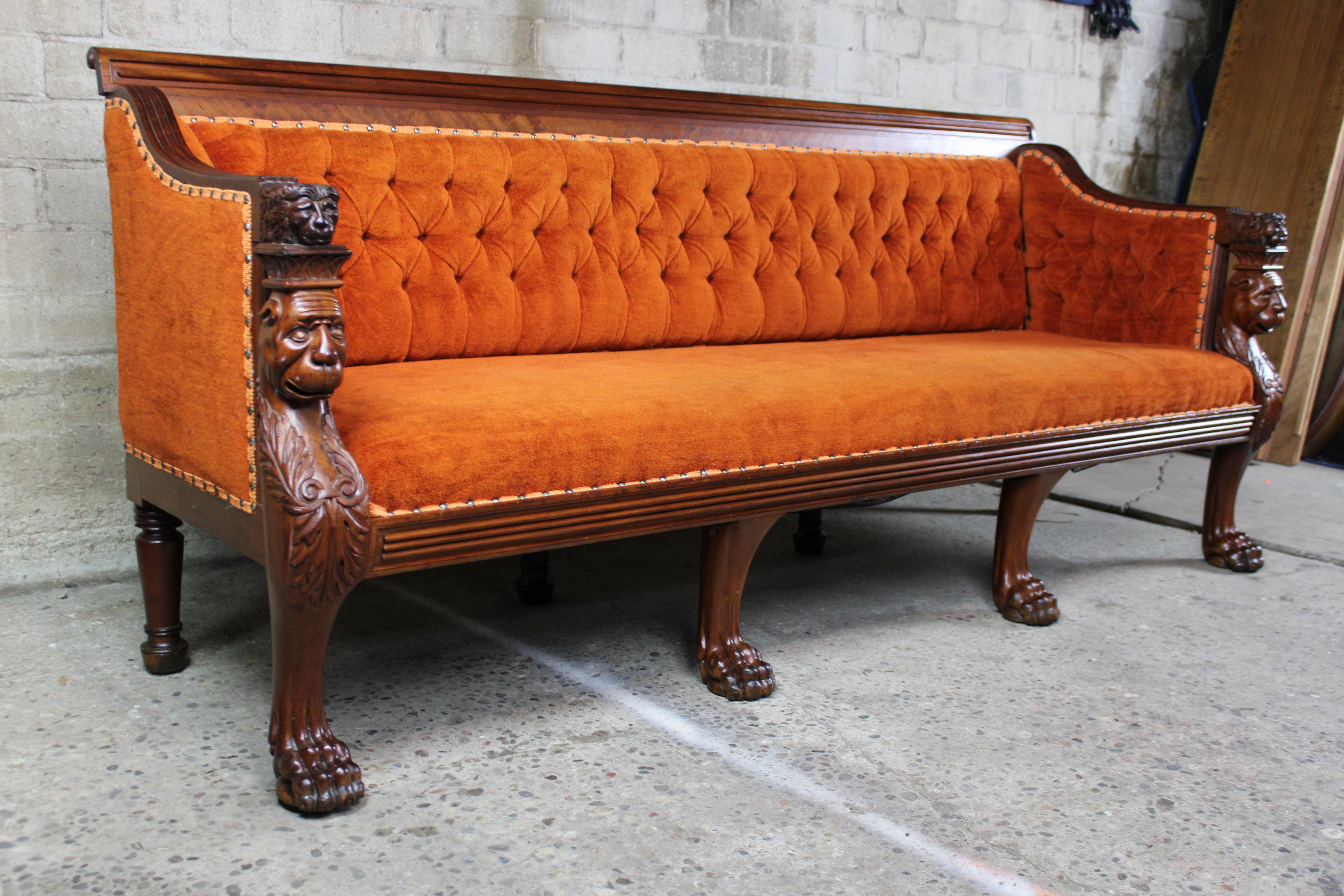 Antique Victorian Renaissance Revival Mahogany Figural Lion Tufted Library Sofa 5