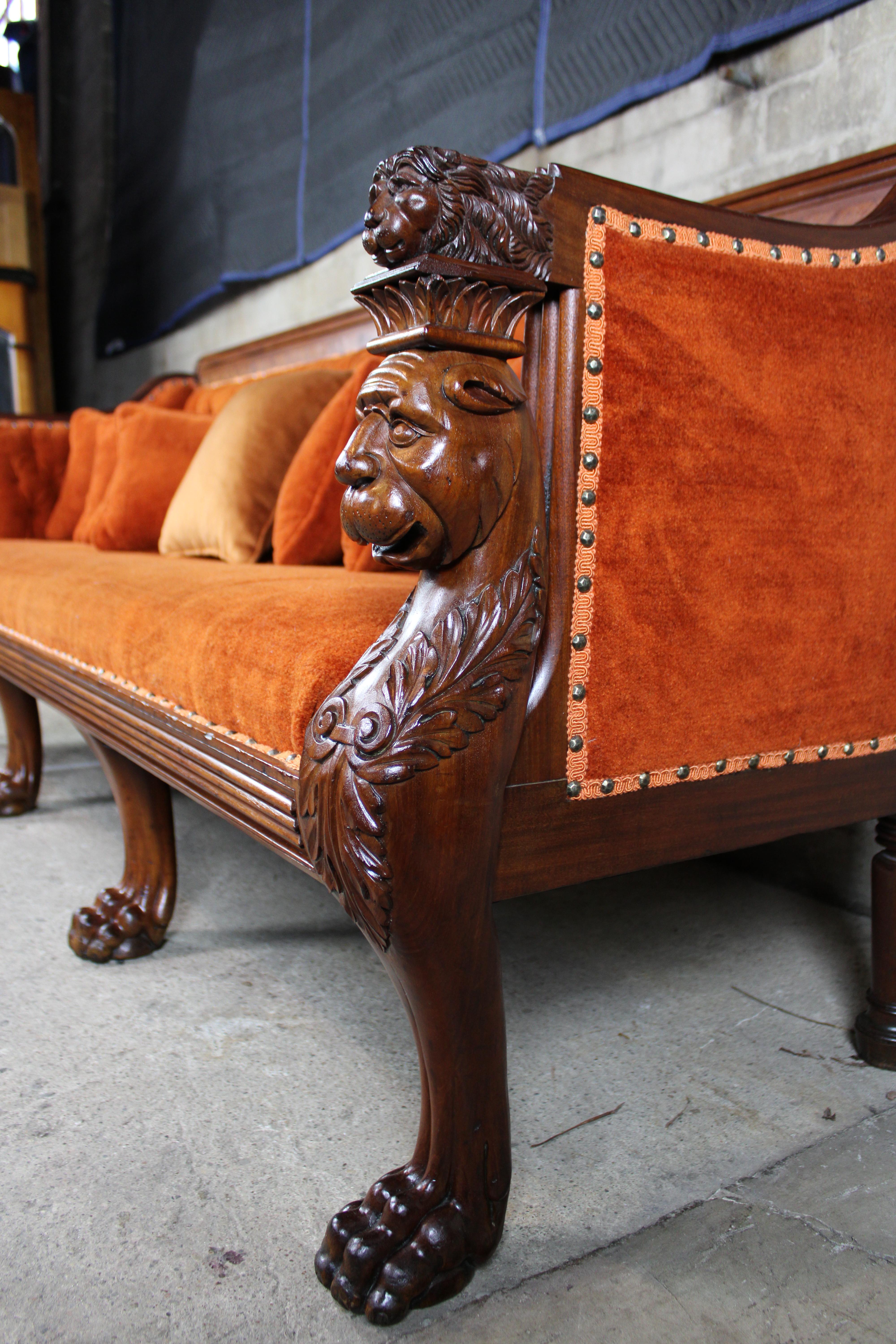 Antique Victorian Renaissance Revival Mahogany Figural Lion Tufted Library Sofa In Good Condition In Dayton, OH