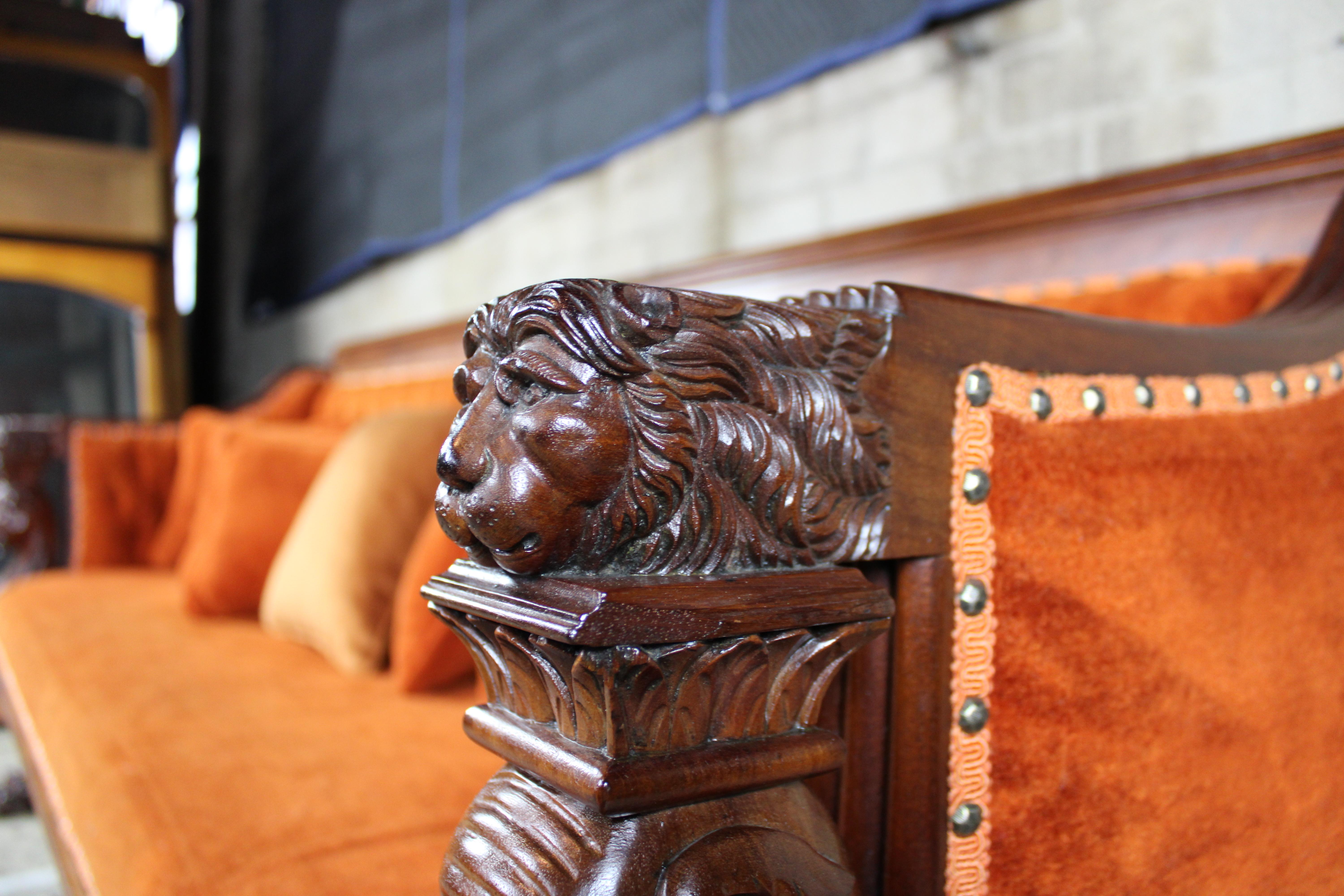 19th Century Antique Victorian Renaissance Revival Mahogany Figural Lion Tufted Library Sofa