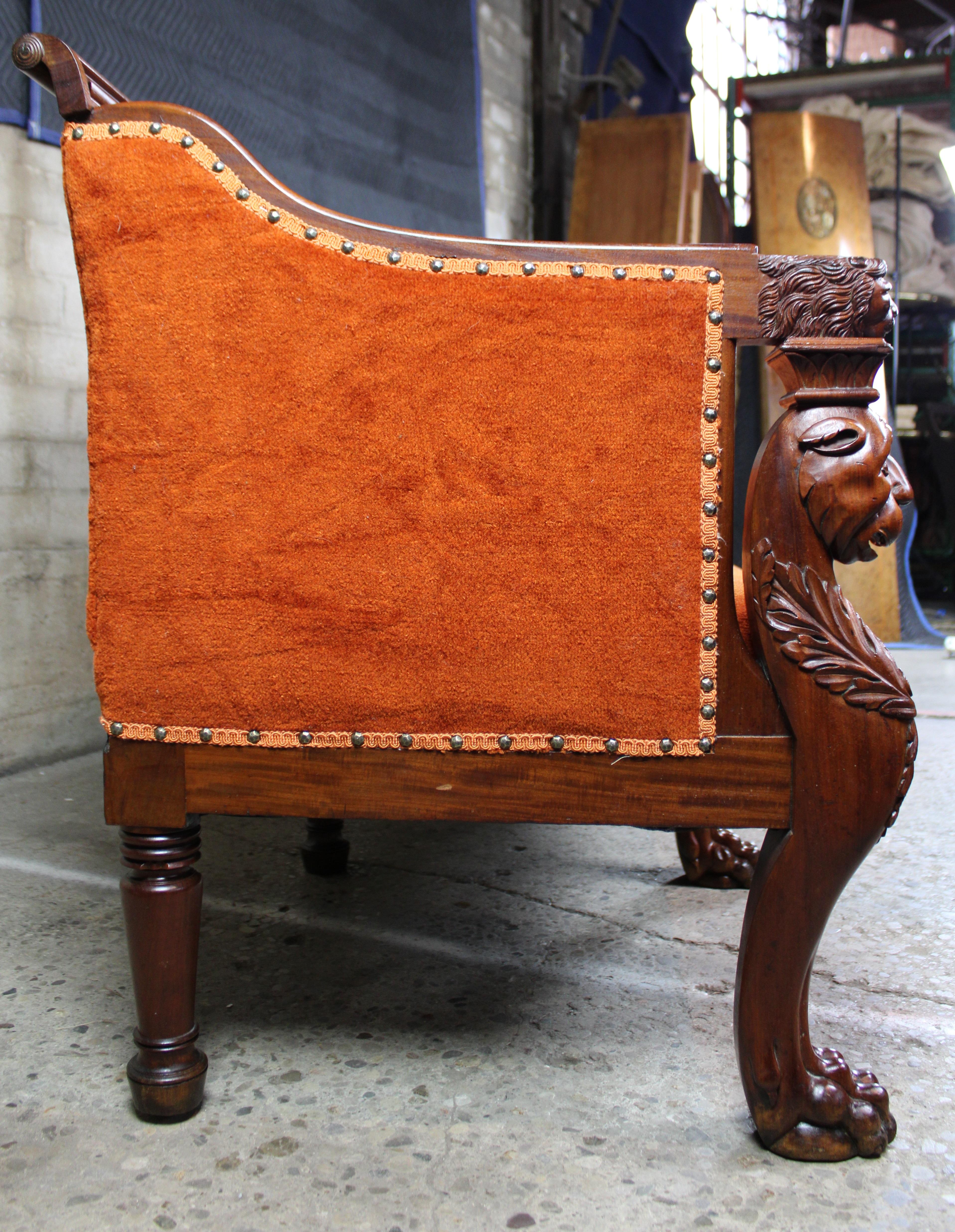 Antique Victorian Renaissance Revival Mahogany Figural Lion Tufted Library Sofa 2