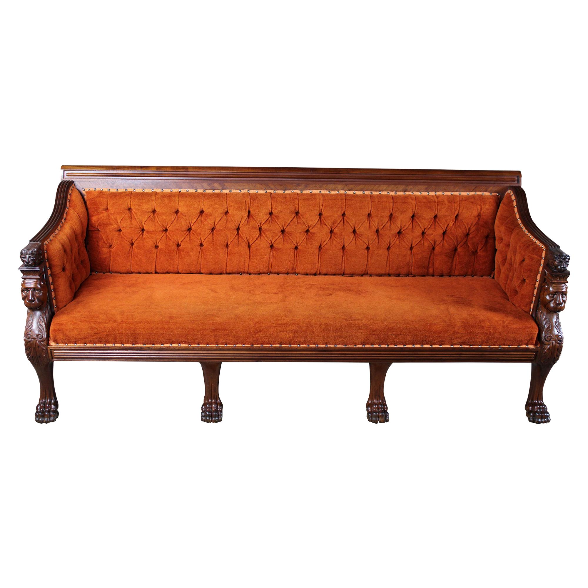 Antique Victorian Renaissance Revival Mahogany Figural Lion Tufted Library Sofa