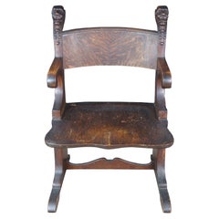 Antique Victorian Renaissance Revival Oak Library Hall Figural Arm Throne Chair