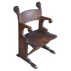 Antique Victorian Renaissance Revival Oak Library Hall Figural Arm Throne Chair