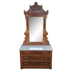 Antique Victorian Renaissance Revival Walnut Burl Marble Top Dresser & Mirror