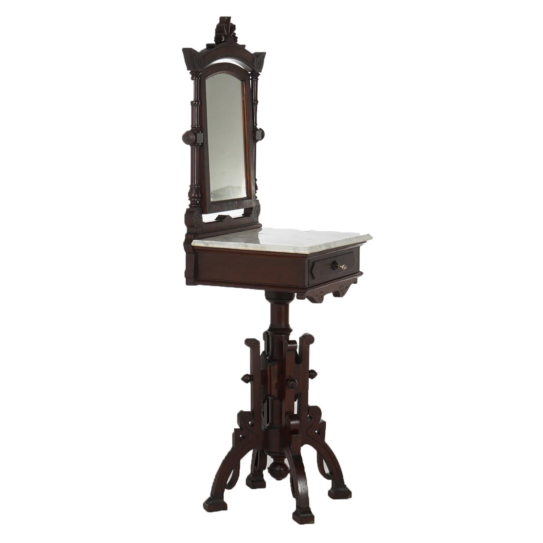 Antique Victorian Renaissance Revival Floor Model Carved Walnut, Burl & Marble Top Shaving Mirror with Single Drawer, 19thC

Measures- 66.25''H x 20.5''W x 19''D