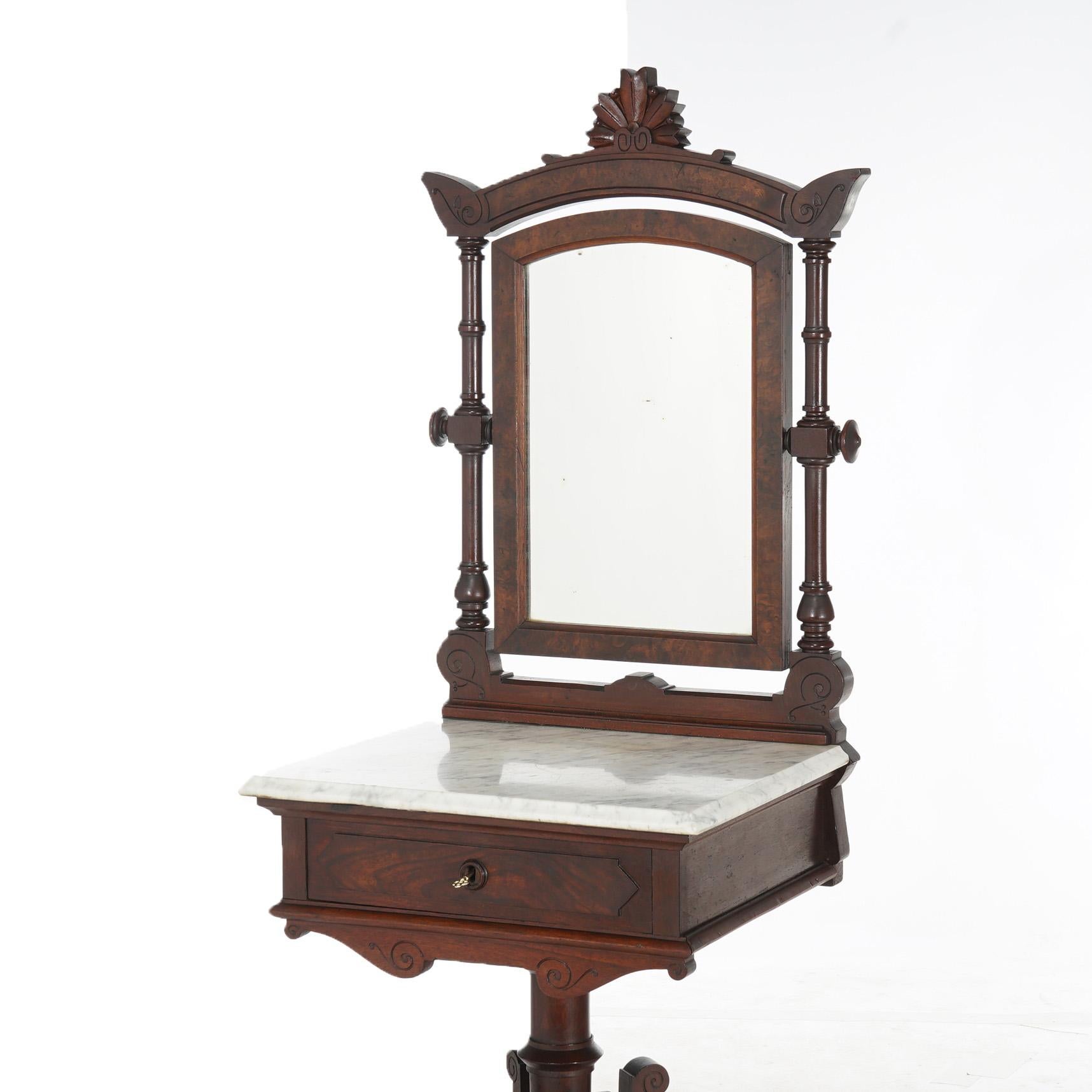 Antique Victorian Renaissance Revival Walnut, Burl & Marble Top Shaving Mirror  For Sale 2