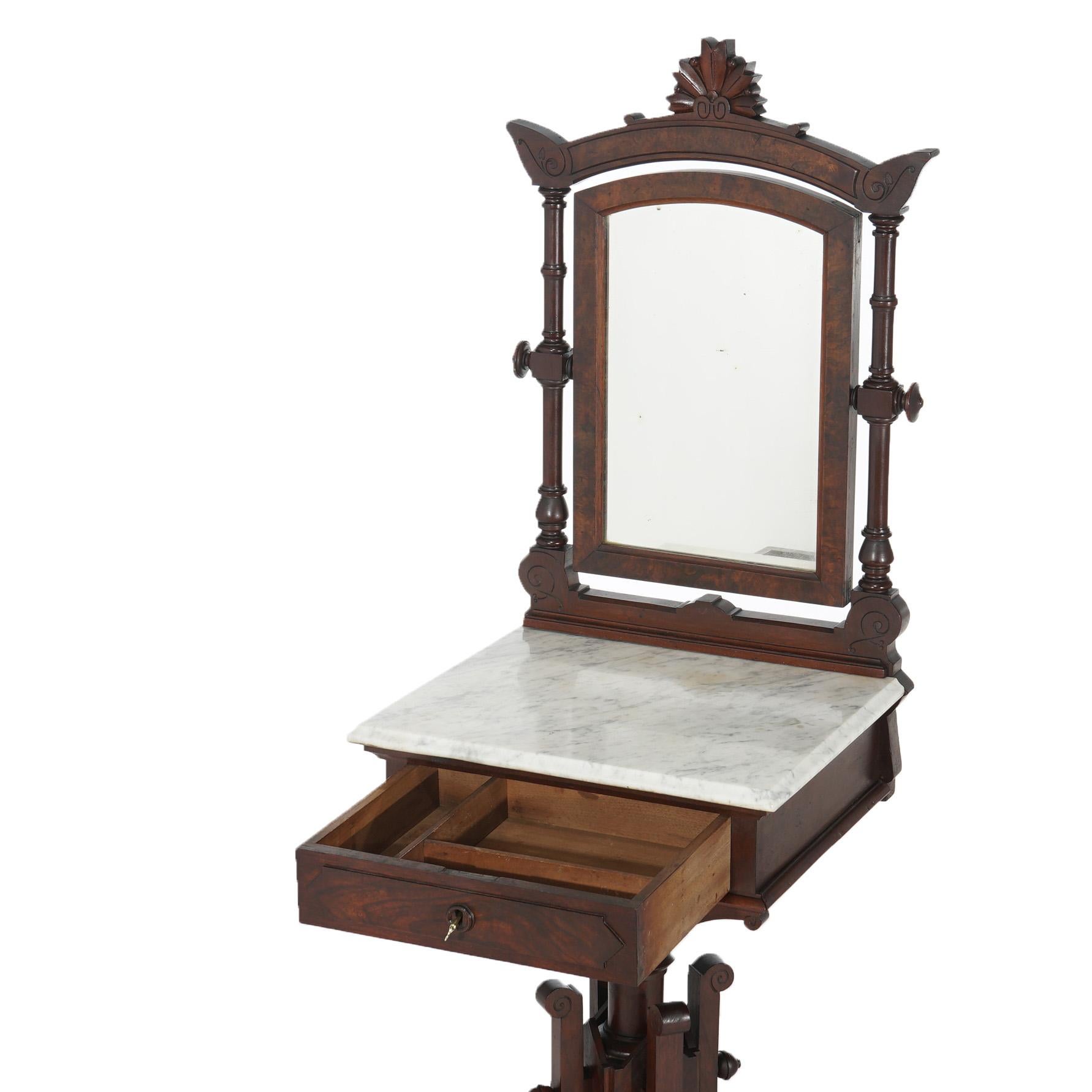 Antique Victorian Renaissance Revival Walnut, Burl & Marble Top Shaving Mirror  For Sale 3
