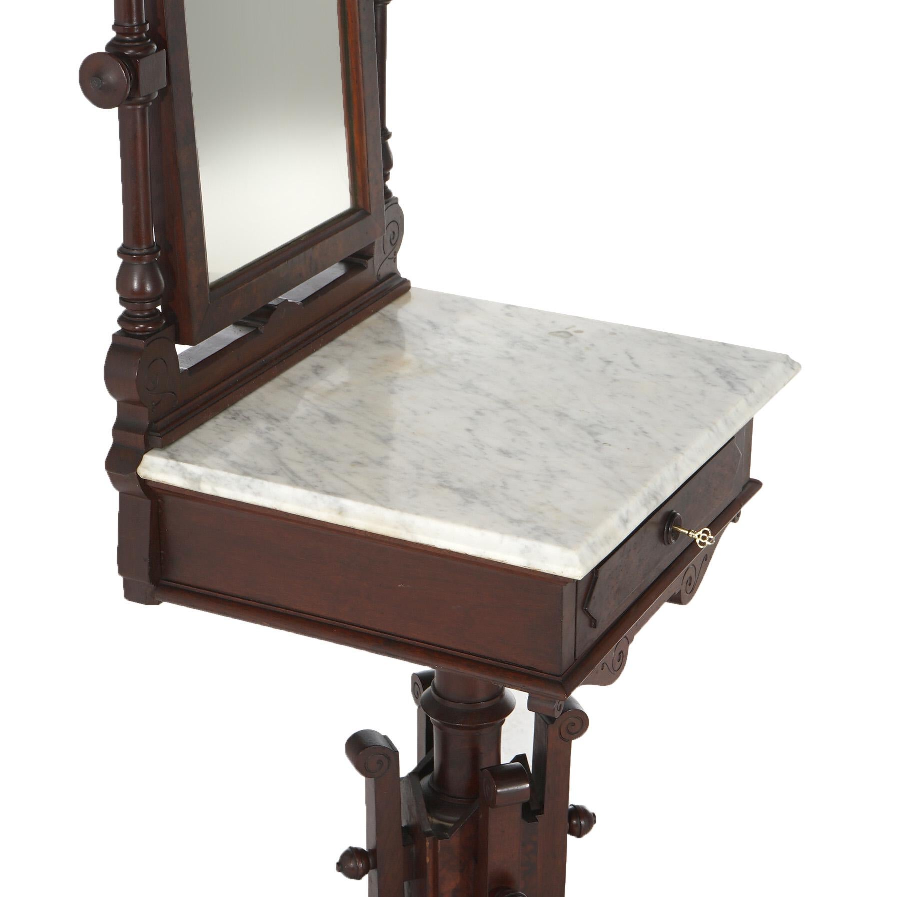 Antique Victorian Renaissance Revival Walnut, Burl & Marble Top Shaving Mirror  For Sale 5