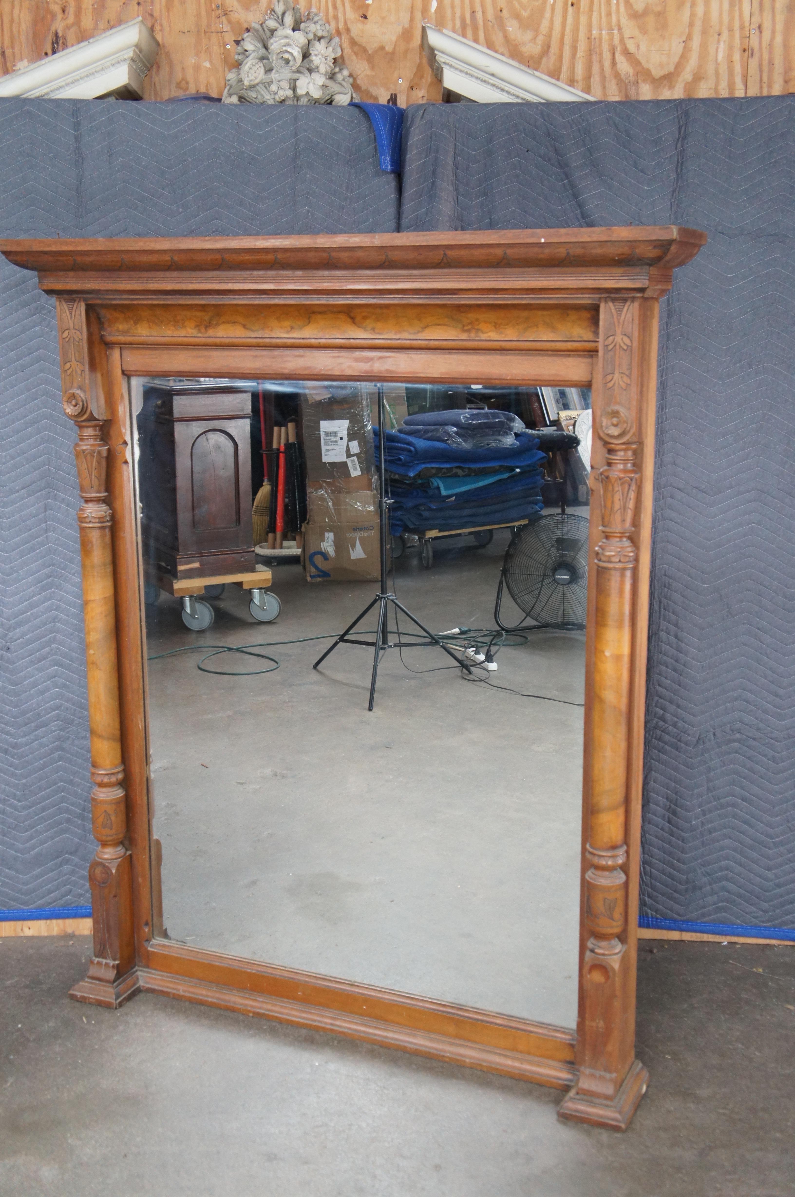 Antique Victorian Renaissance Revival Walnut Burl Pier Over Mantel Wall Mirror For Sale 11