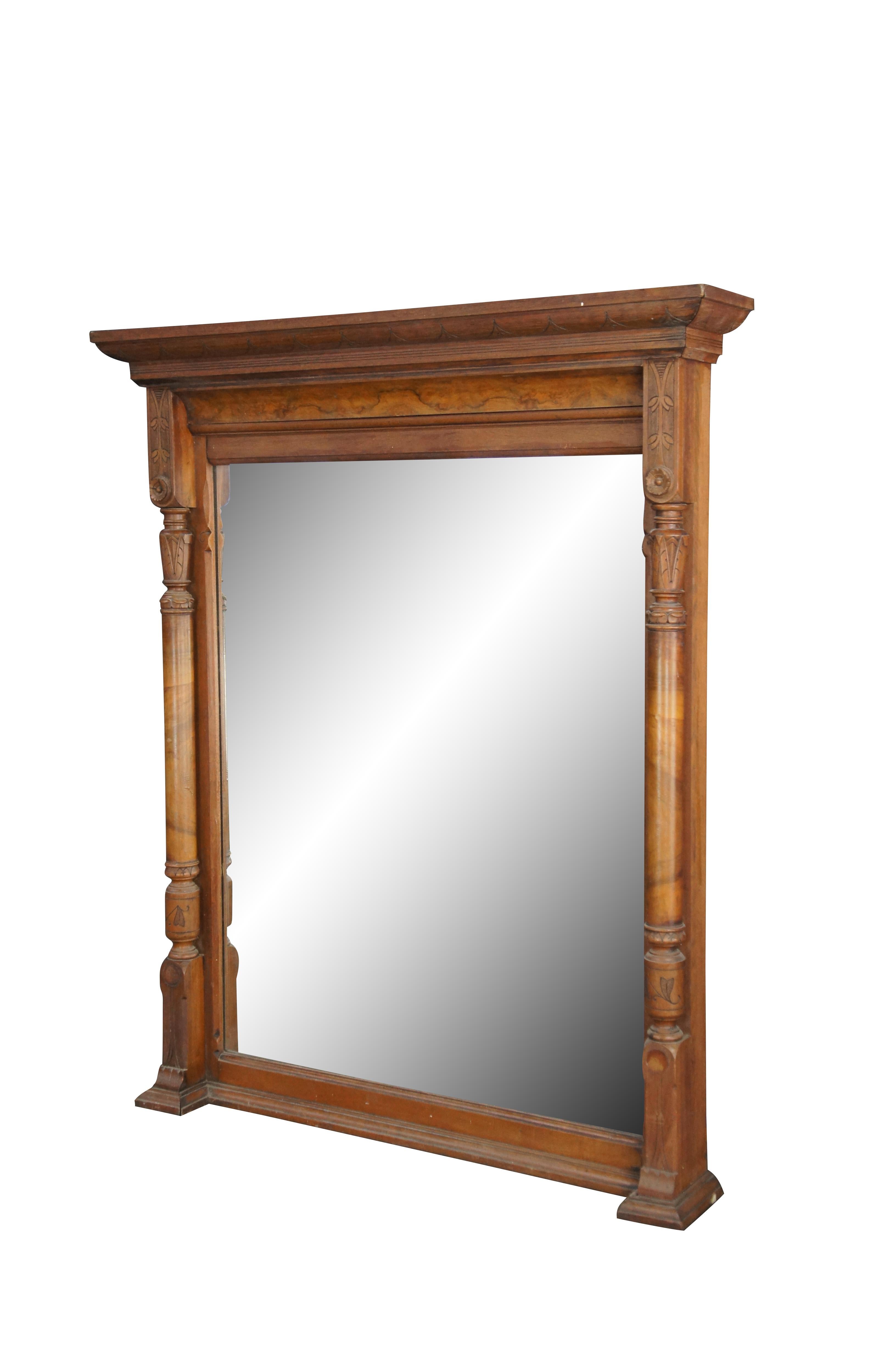 Antique Victorian Renaissance Revival Walnut Burl Pier Over Mantel Wall Mirror In Good Condition For Sale In Dayton, OH