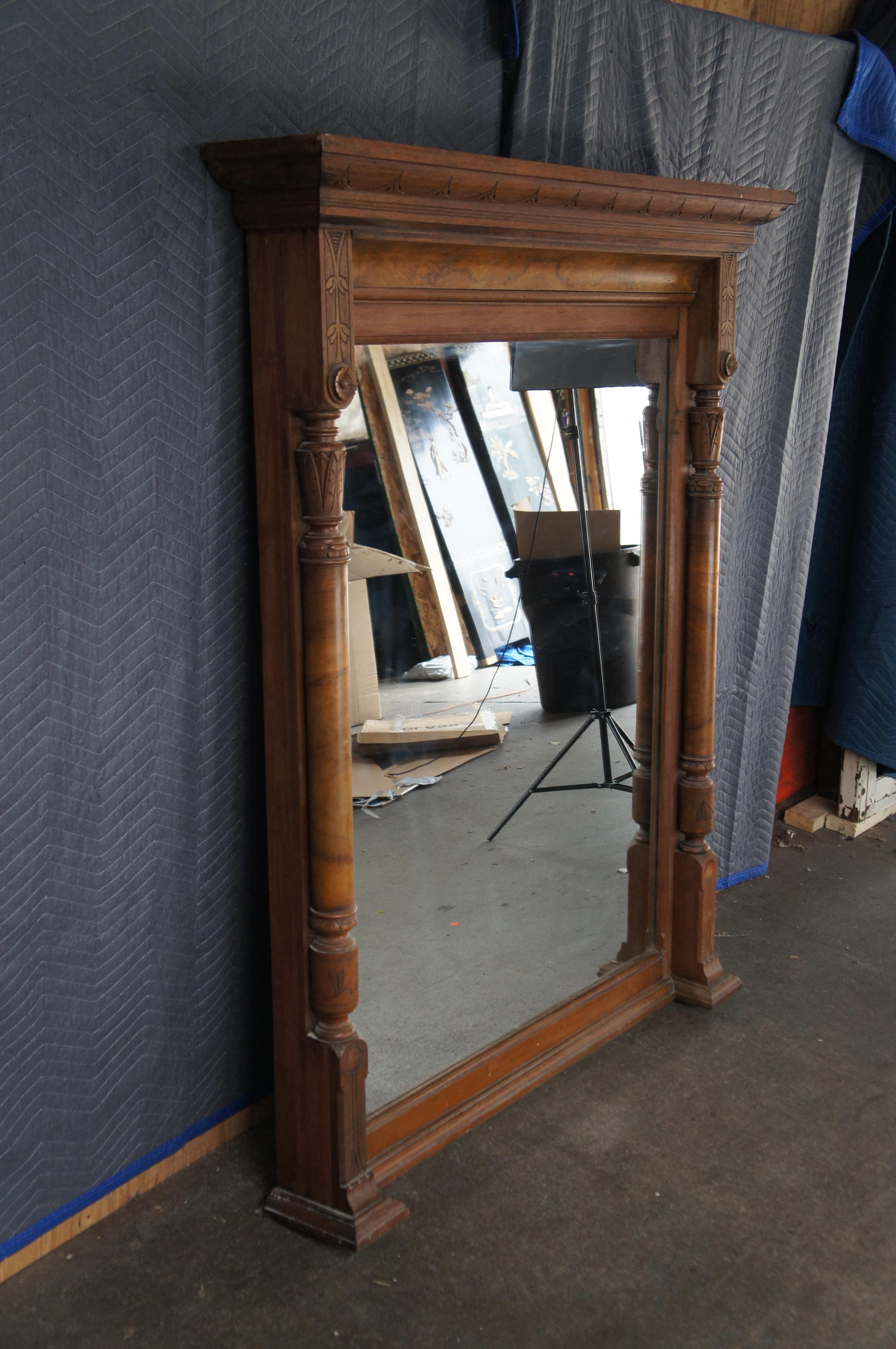 19th Century Antique Victorian Renaissance Revival Walnut Burl Pier Over Mantel Wall Mirror For Sale