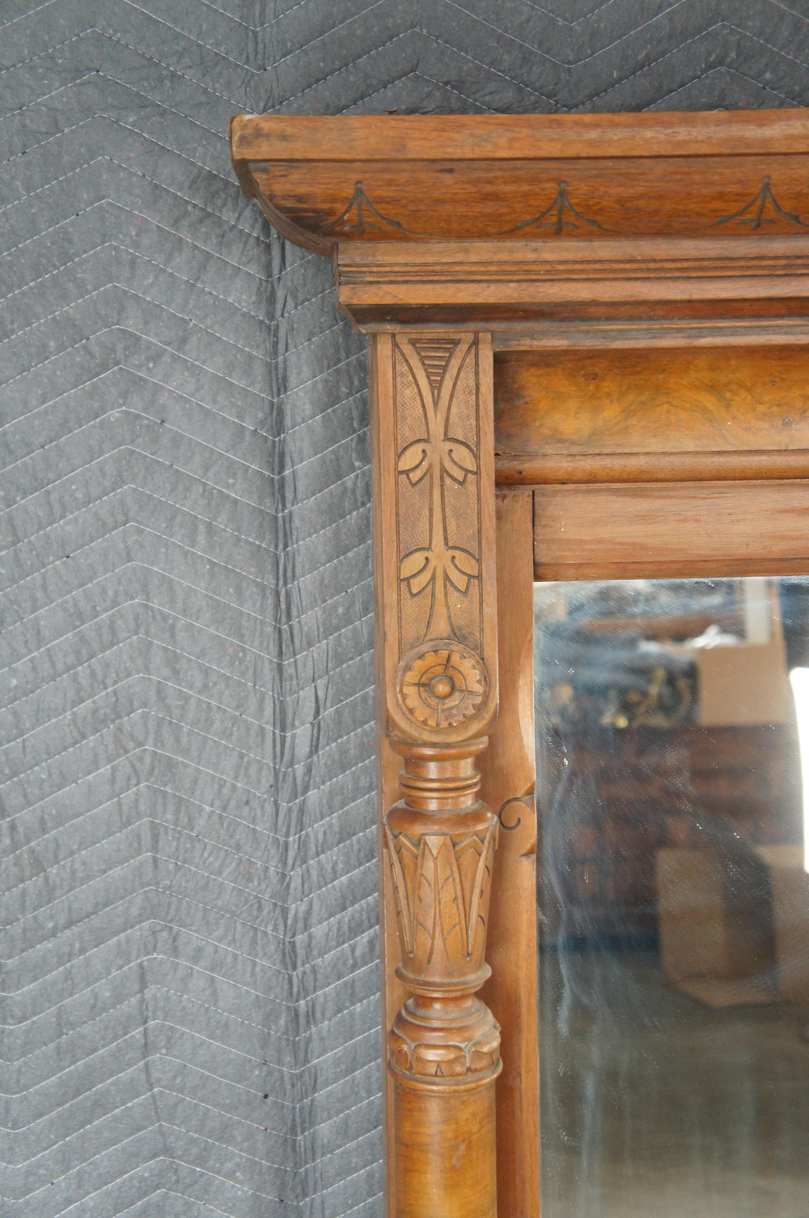 Antique Victorian Renaissance Revival Walnut Burl Pier Over Mantel Wall Mirror For Sale 1