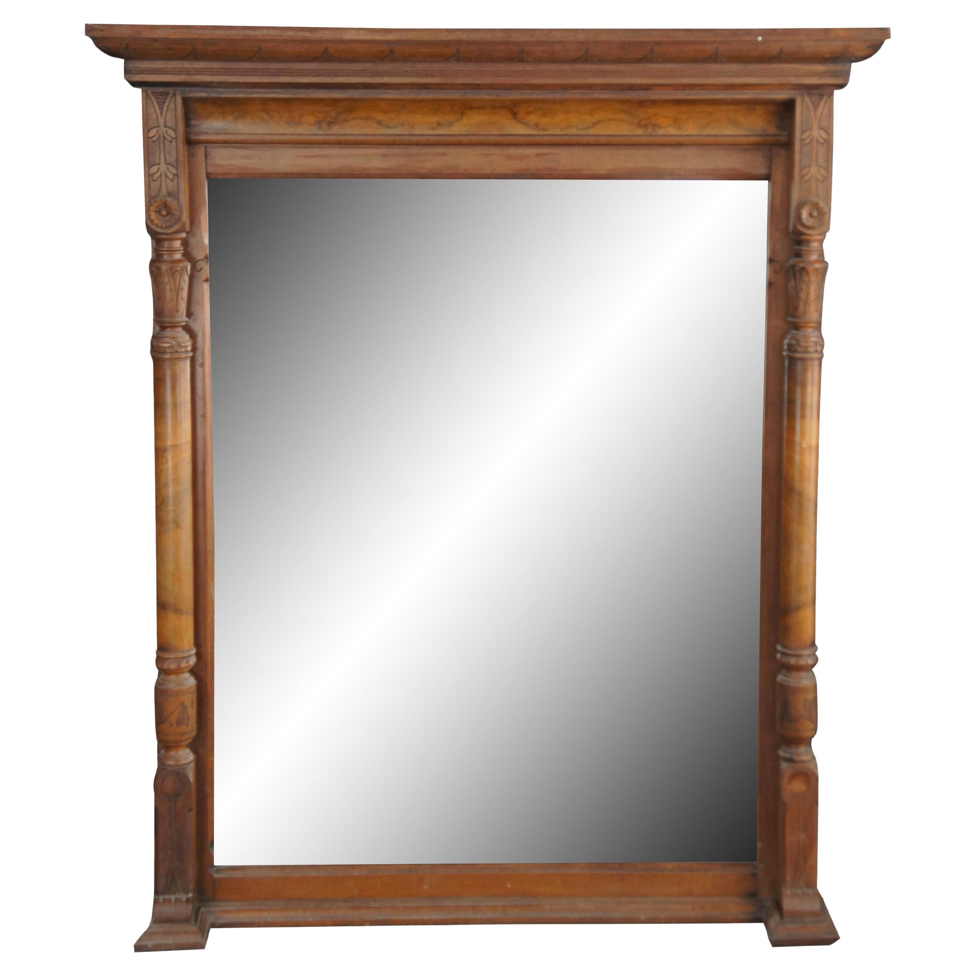 Antique Victorian Renaissance Revival Walnut Burl Pier Over Mantel Wall Mirror For Sale