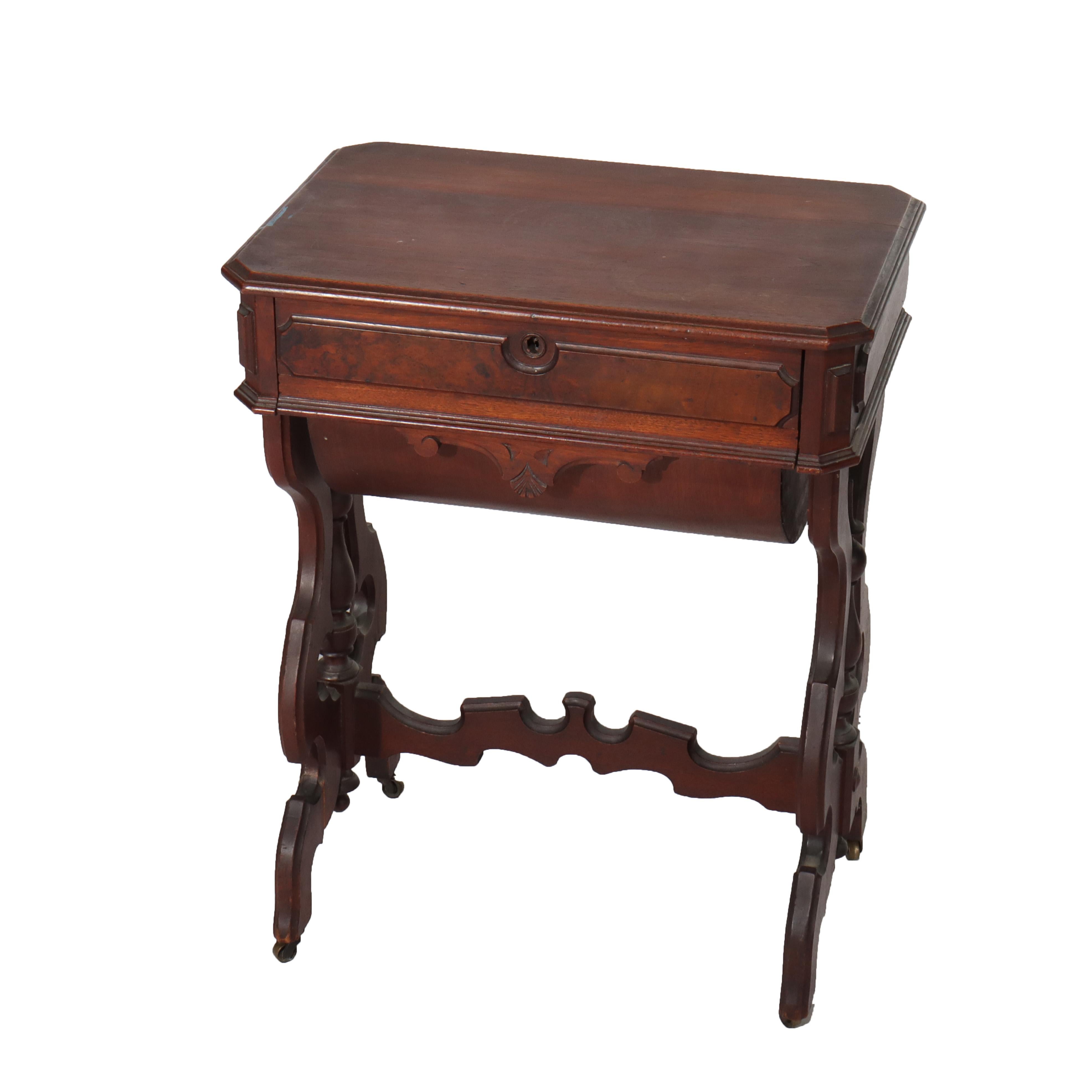 Antique Victorian Renaissance Revival Walnut & Burl Sewing Stand C1880 In Good Condition For Sale In Big Flats, NY