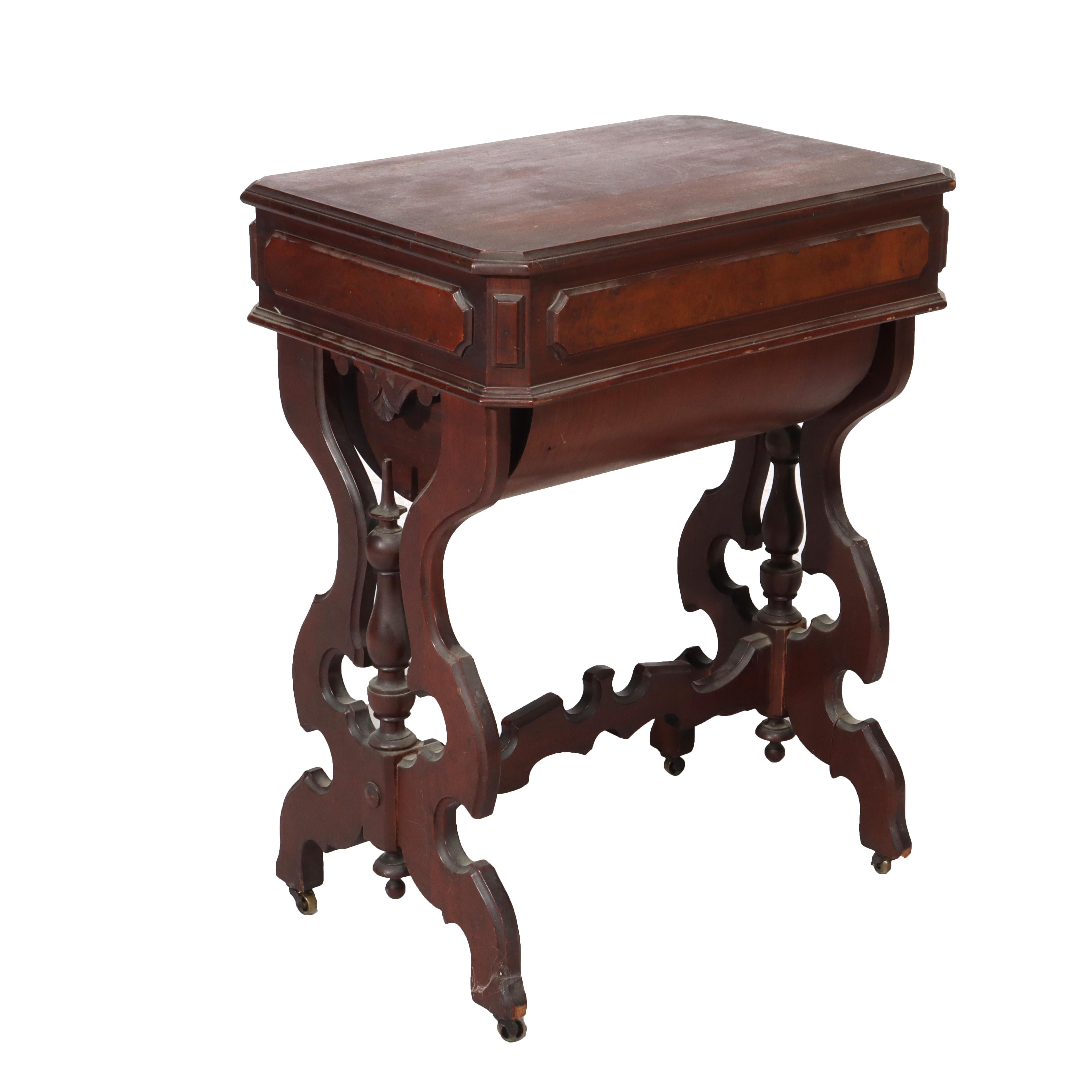 Antique Victorian Renaissance Revival Walnut & Burl Sewing Stand C1880 For Sale 4