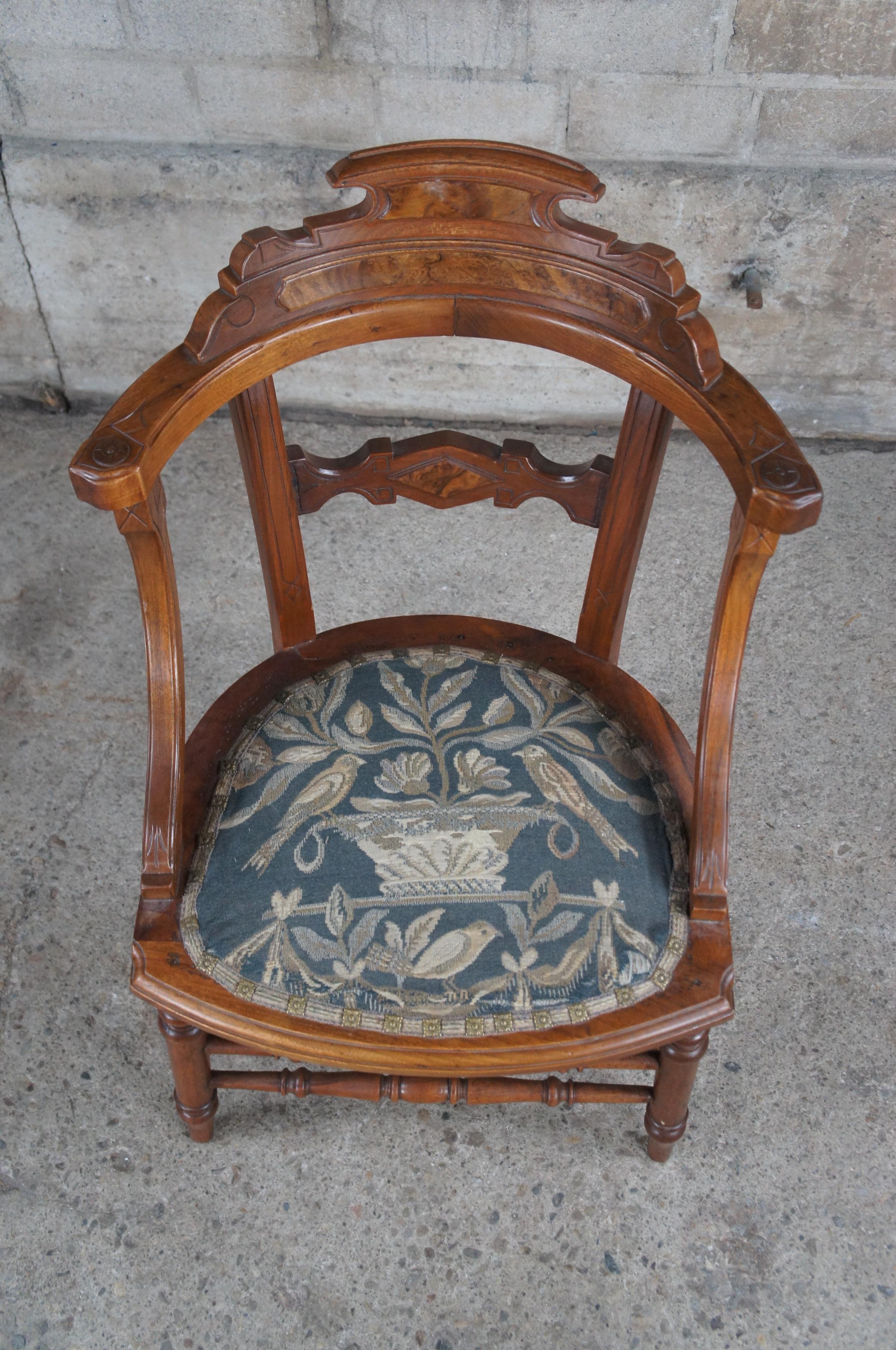 Antique Victorian Renaissance Revival Walnut Burl Side Chair Embroidered Seat For Sale 3