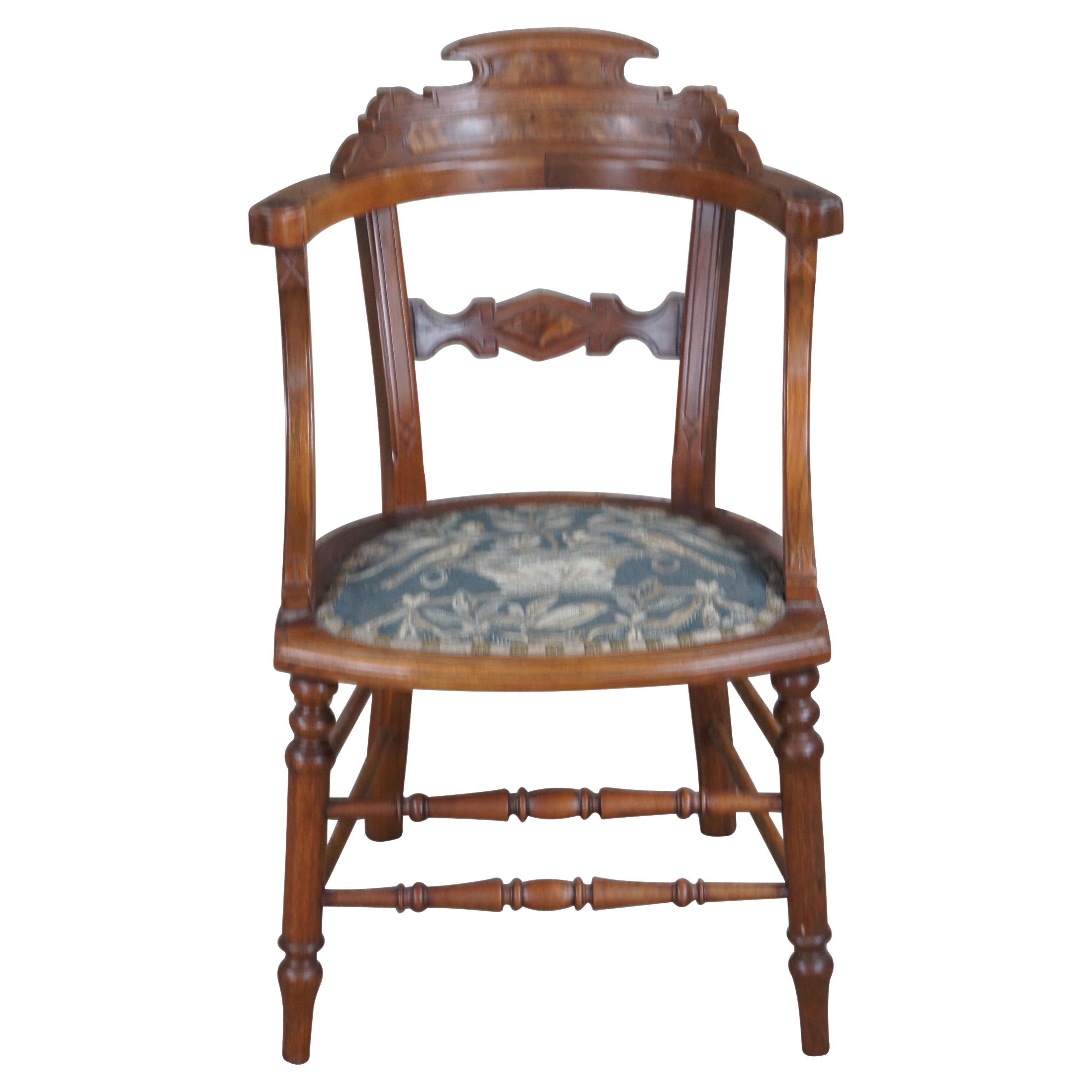 Antique Victorian Renaissance Revival Walnut Burl Side Chair Embroidered Seat For Sale