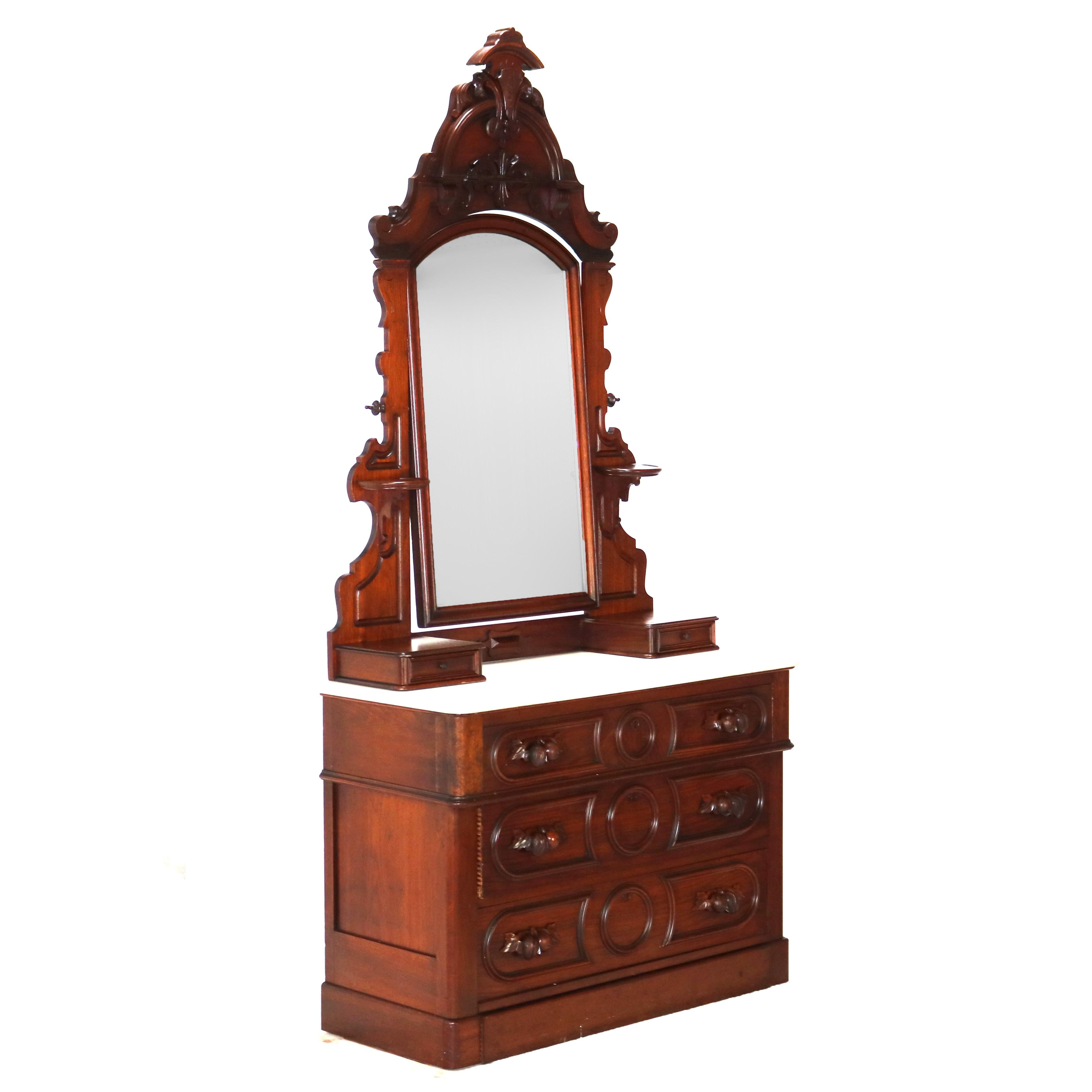 Antique Victorian Renaissance Revival Walnut Marble Top & Mirrored Dresser C1890 11