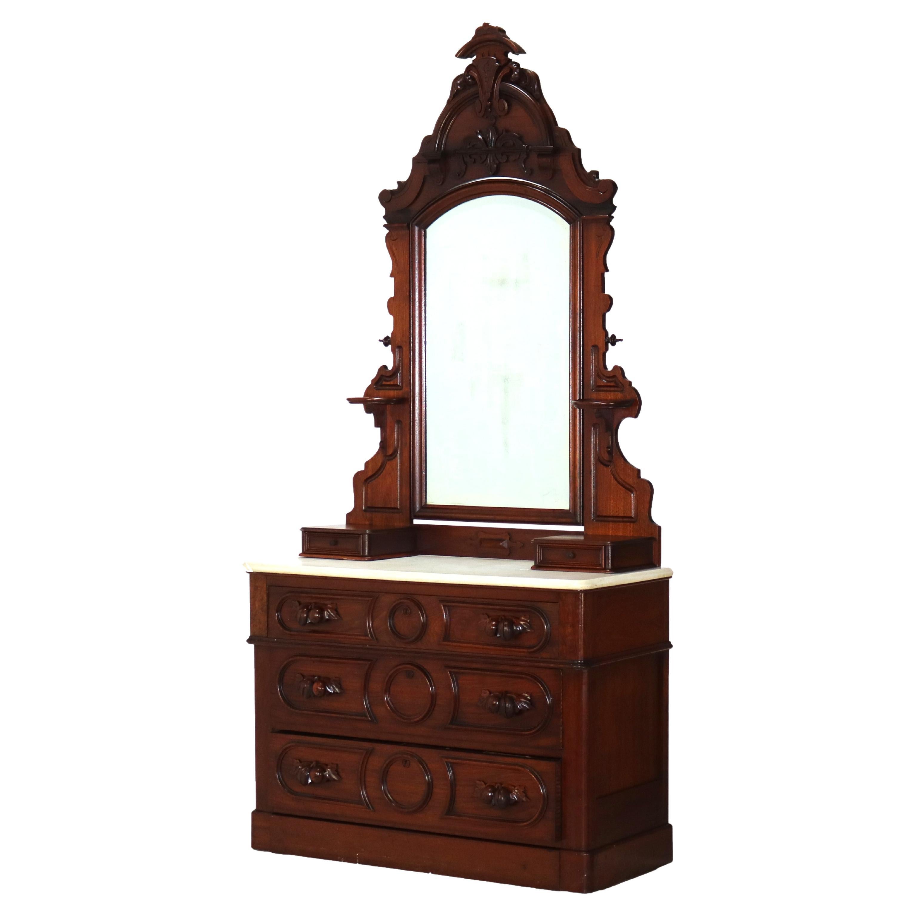 ***Reduced Delivery Rates - See Below or Click “Ask The Seller” to Request a Quote***

Antique Victorian Renaissance Revival Walnut Marble Top & Mirrored Dresser with Candle Stands, Carved Fruit Form Pulls, Baseboard Drawer and Glove Boxes