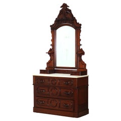Antique Victorian Renaissance Revival Walnut Marble Top & Mirrored Dresser C1890