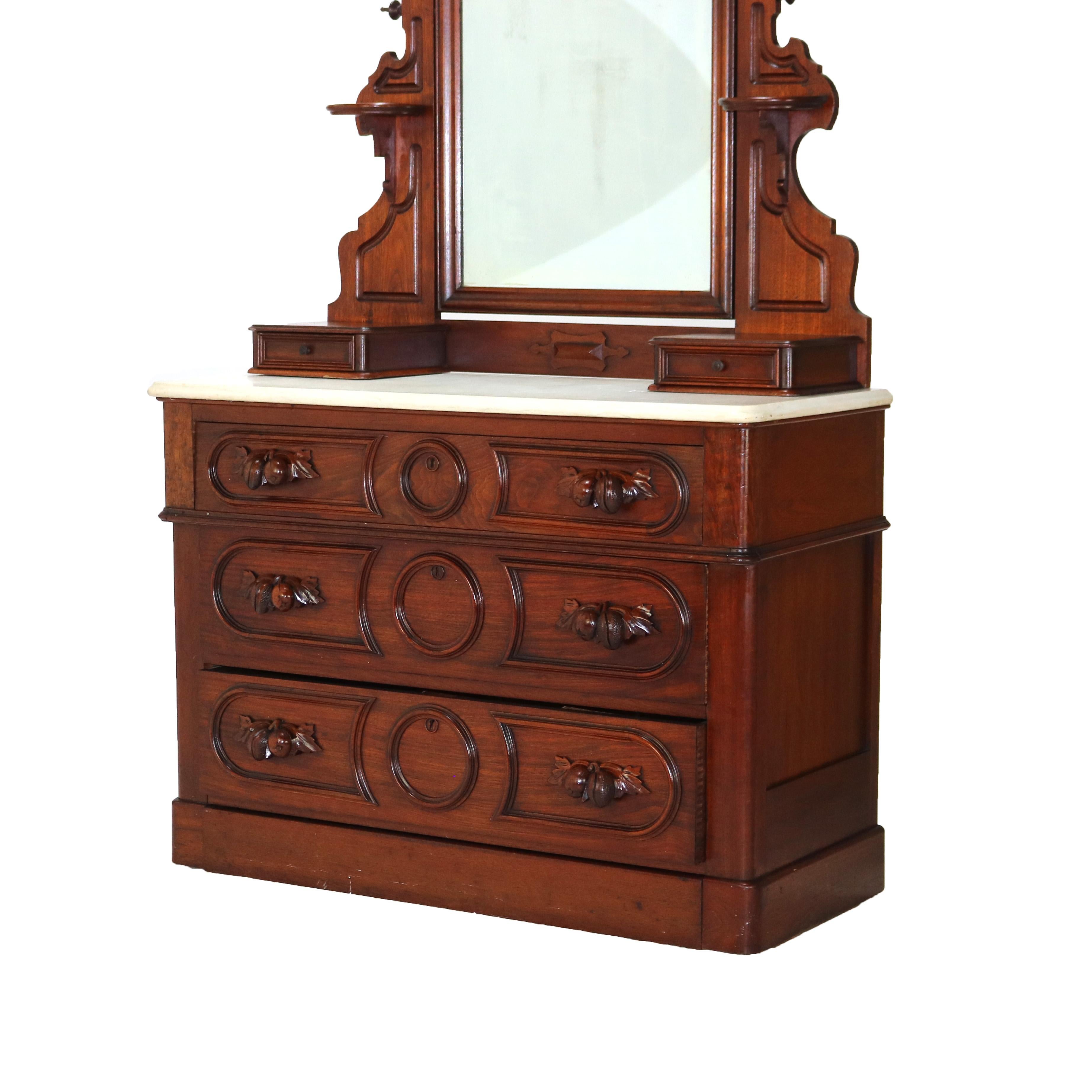 19th Century Antique Victorian Renaissance Revival Walnut Marble Top & Mirrored Dresser C1890