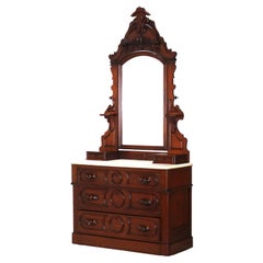 Antique Victorian Renaissance Revival Walnut Marble Top & Mirrored Dresser C1890