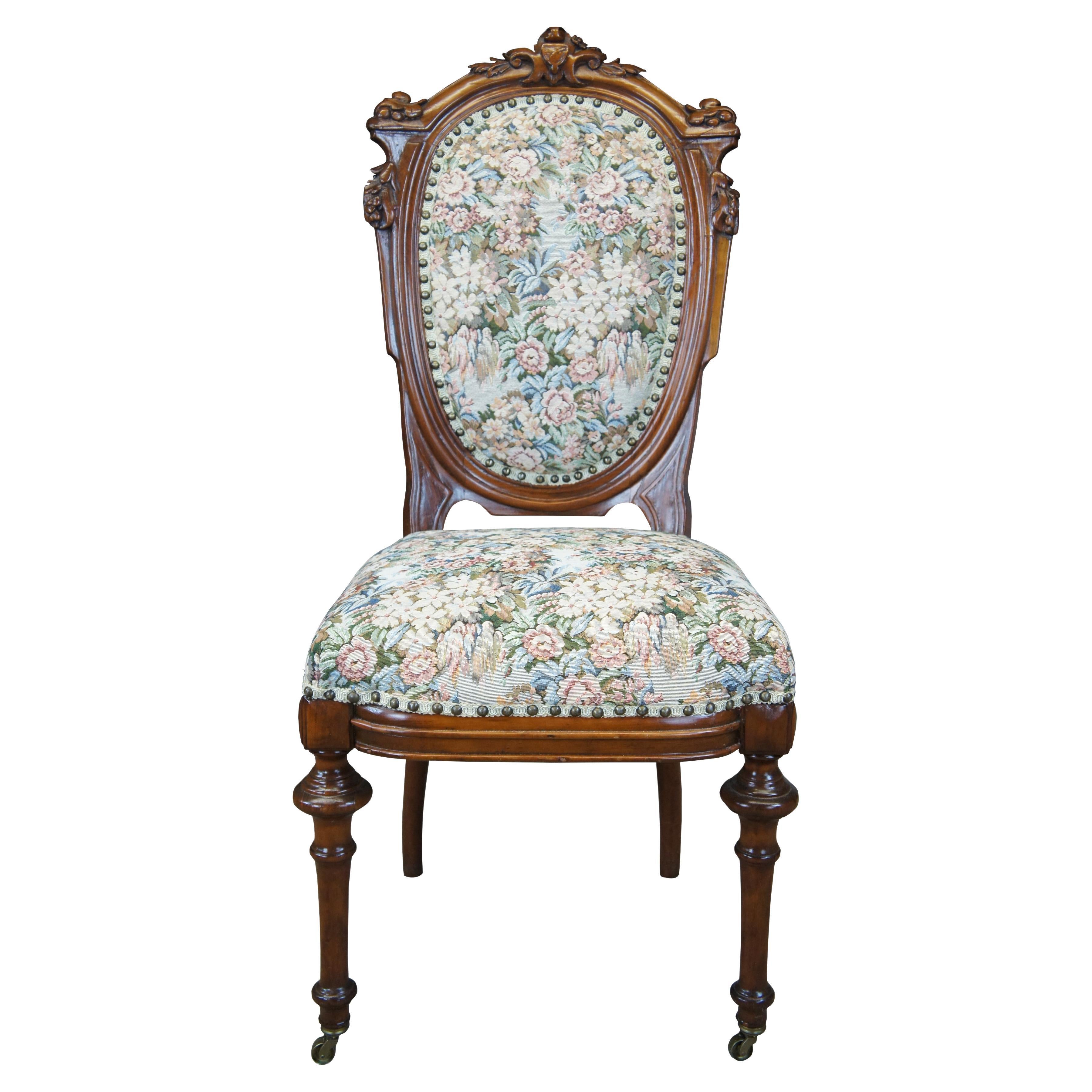 Antique Victorian Renaissance Revival Walnut Needlepoint Parlor Dining Chair