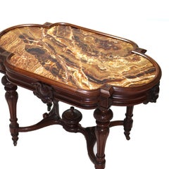 Antique Victorian Revive Table en noyer avec insertion d'onyx Honey c1870