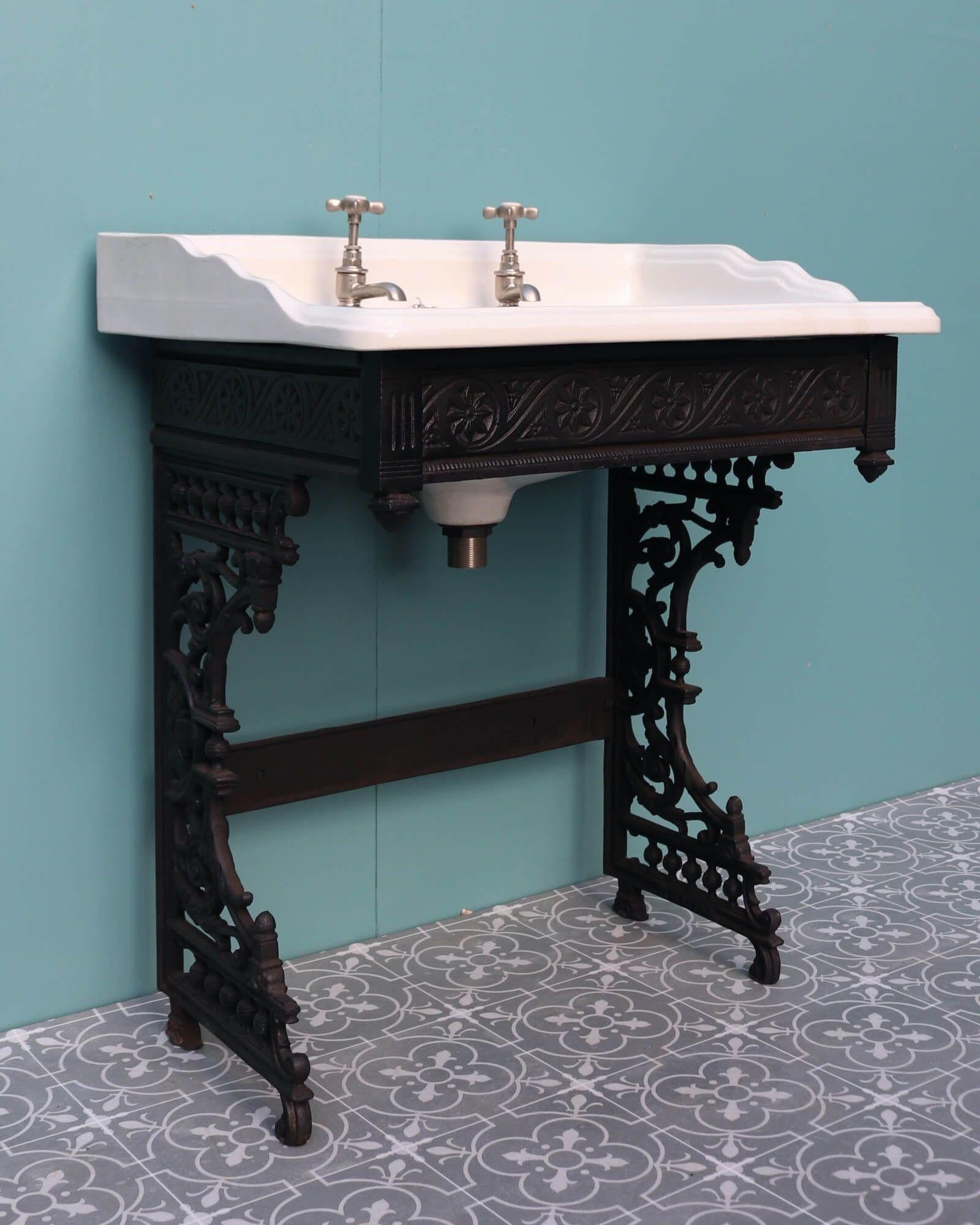 English Antique Victorian Bathroom Basin on Cast Iron Stand For Sale