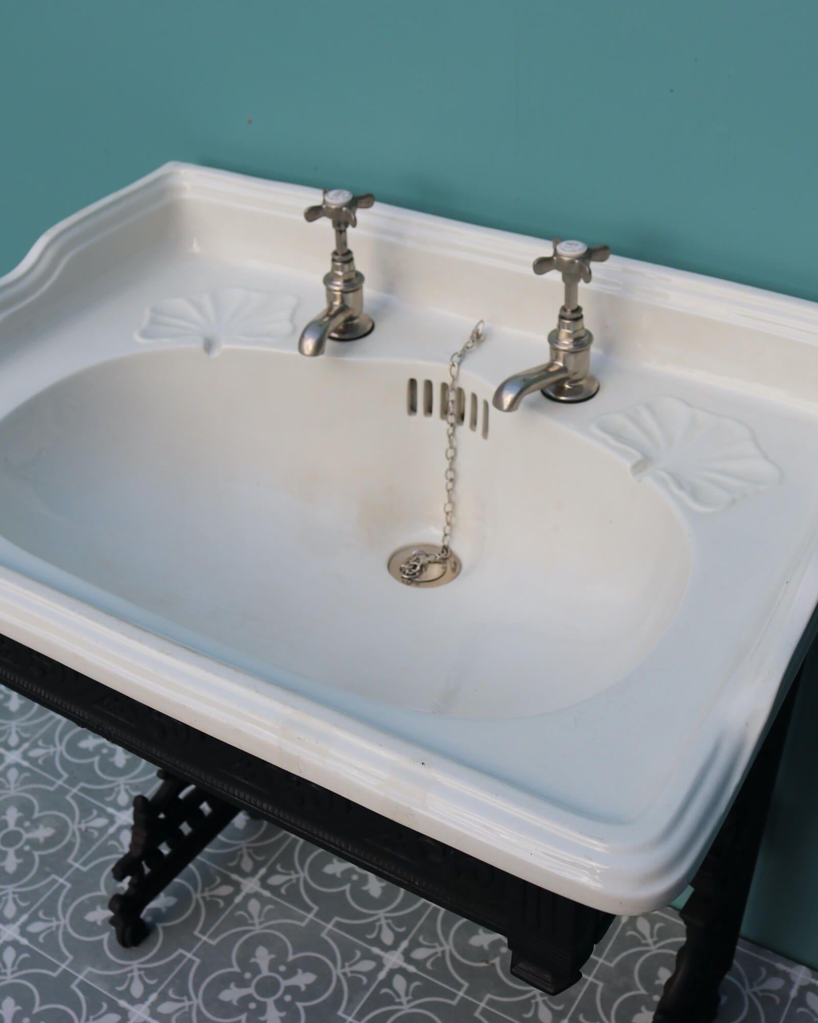 Antique Victorian Bathroom Basin on Cast Iron Stand In Fair Condition For Sale In Wormelow, Herefordshire