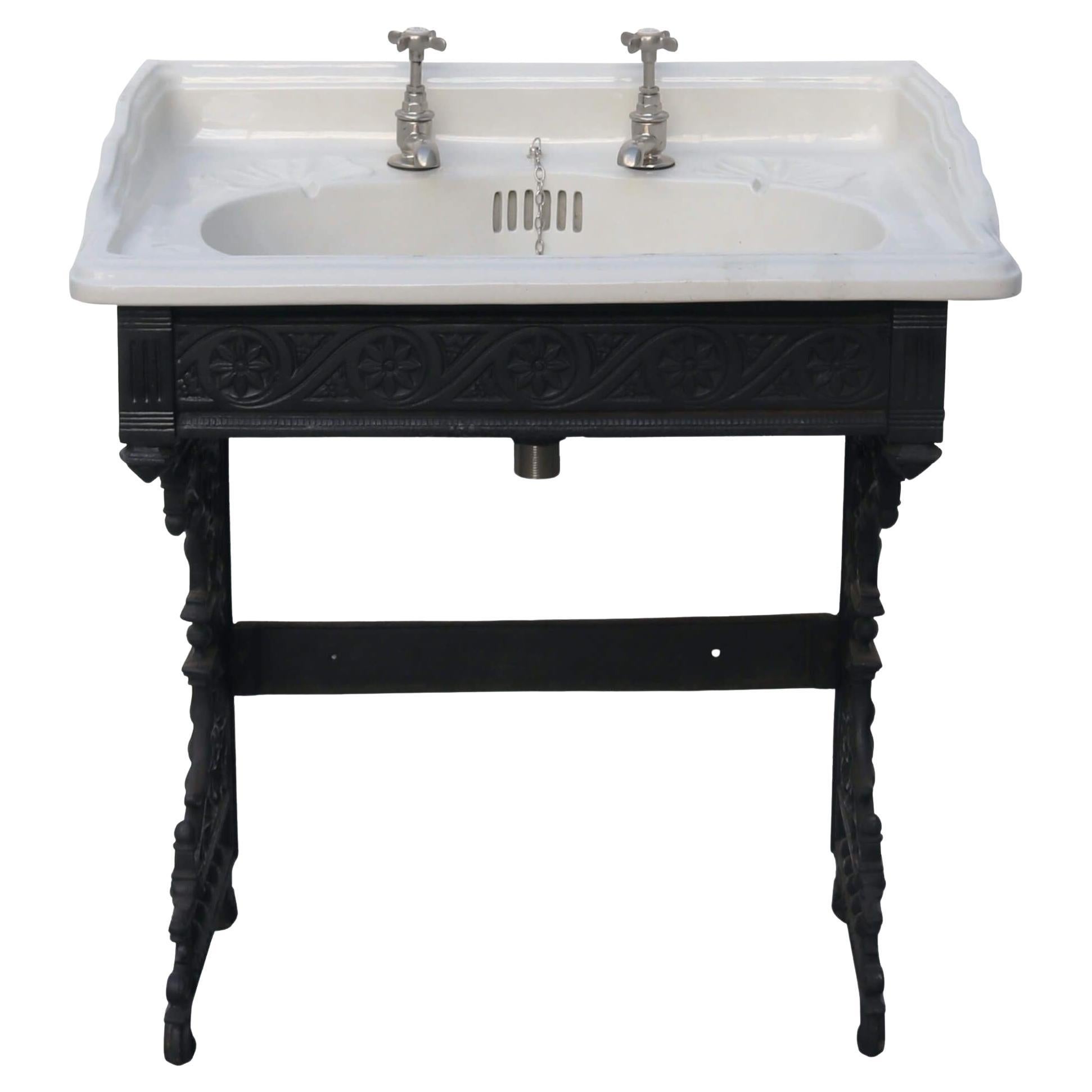 Antique Victorian Bathroom Basin on Cast Iron Stand For Sale