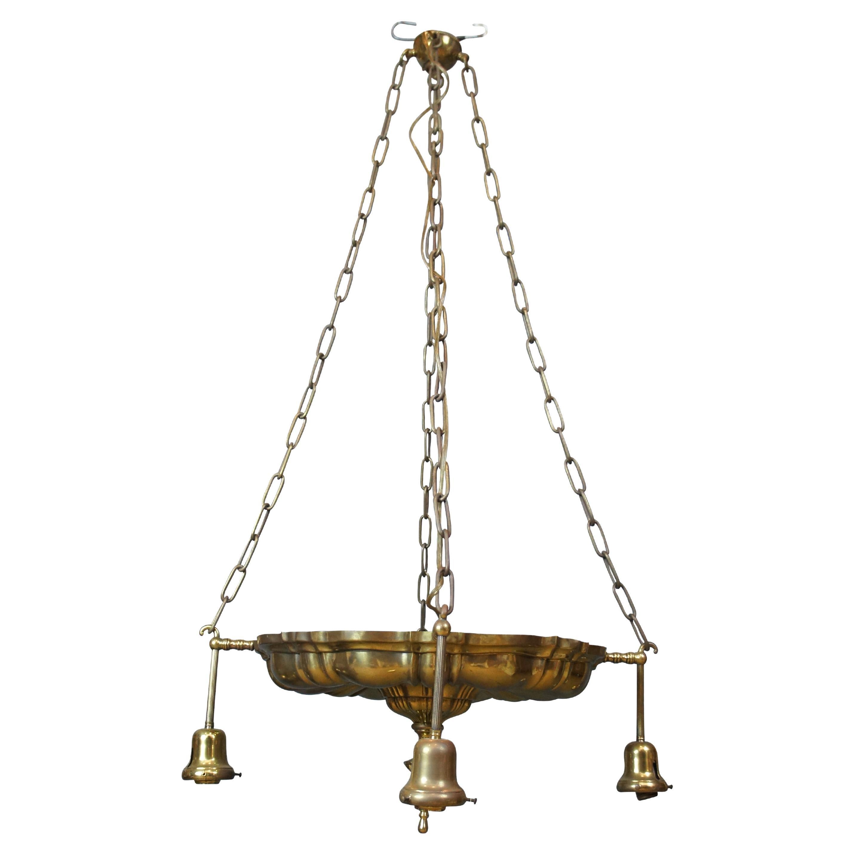 Antico lampadario vittoriano in ottone a 4 luci con pendente a goccia da salotto da 43".