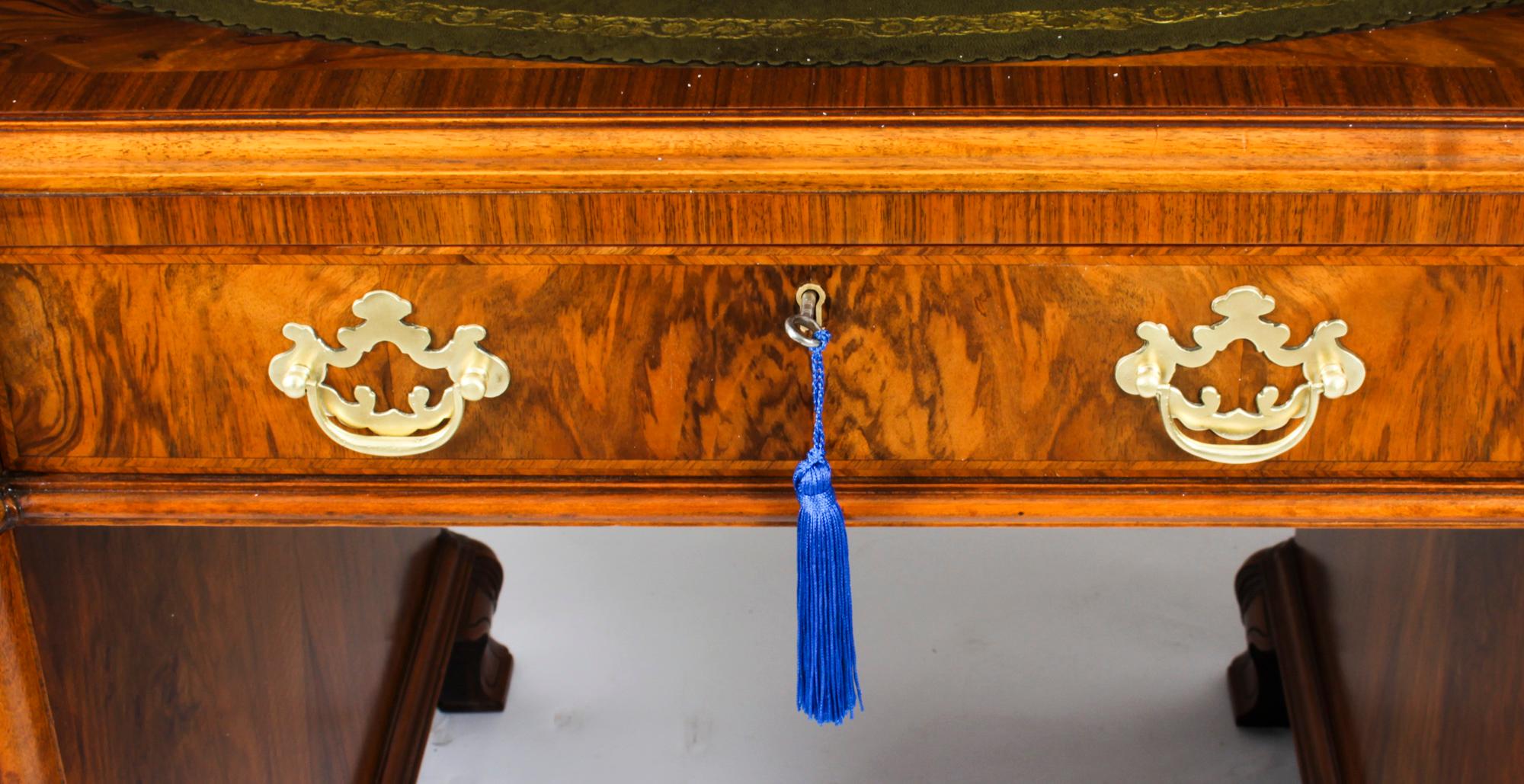 Antique Victorian Revival Burr Walnut Pedestal Desk 20th C 5