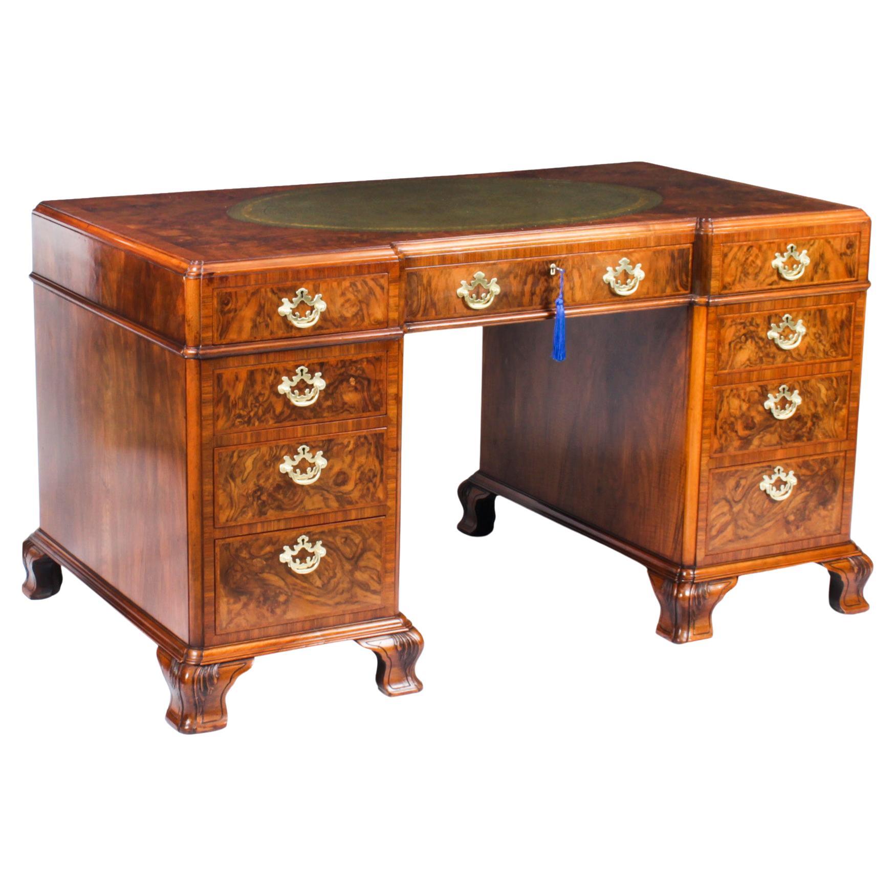 Antique Victorian Revival Burr Walnut Pedestal Desk 20th C