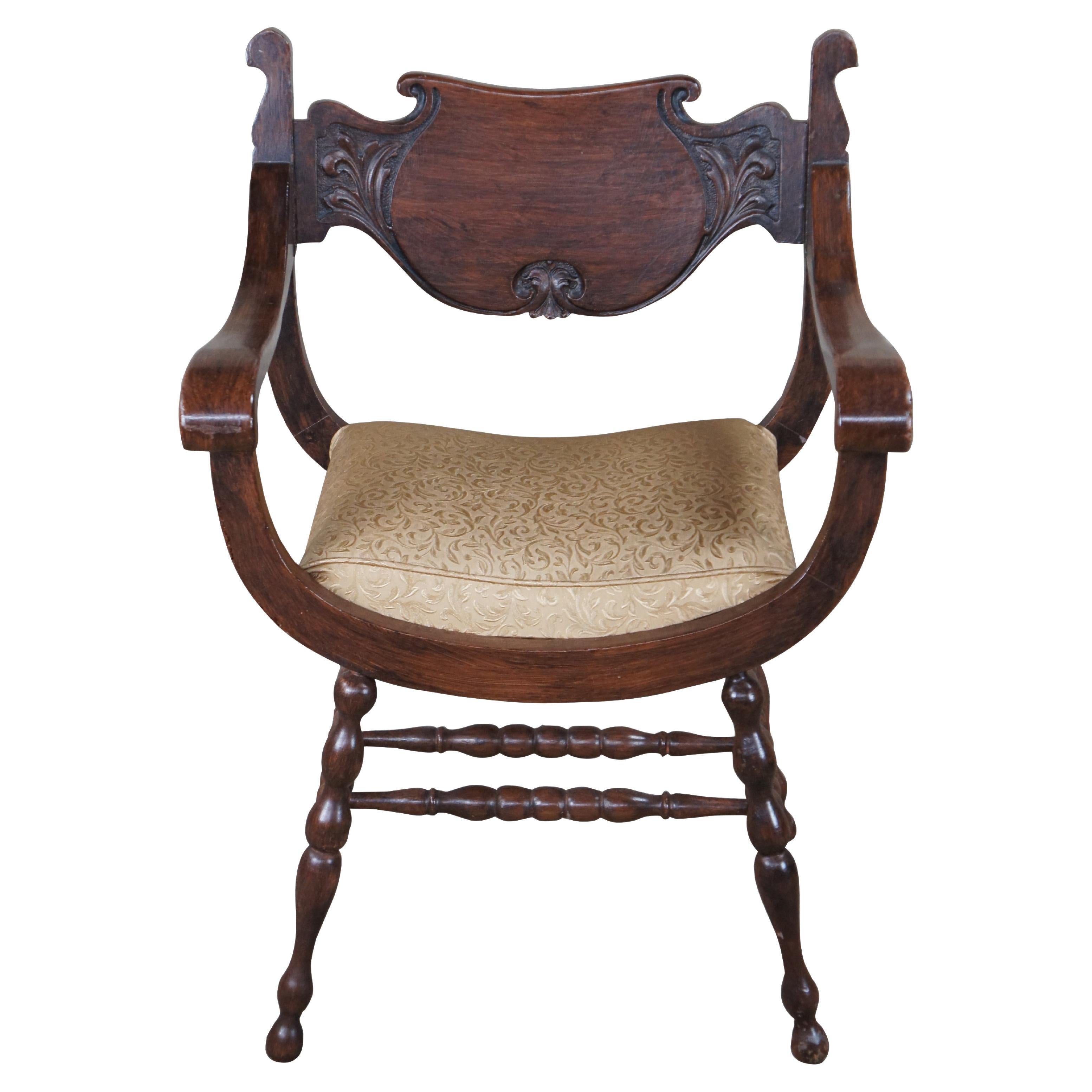 Antique Victorian Revival Stomps Burkhardt Mahogany Curule Saddle Seat Armchair
